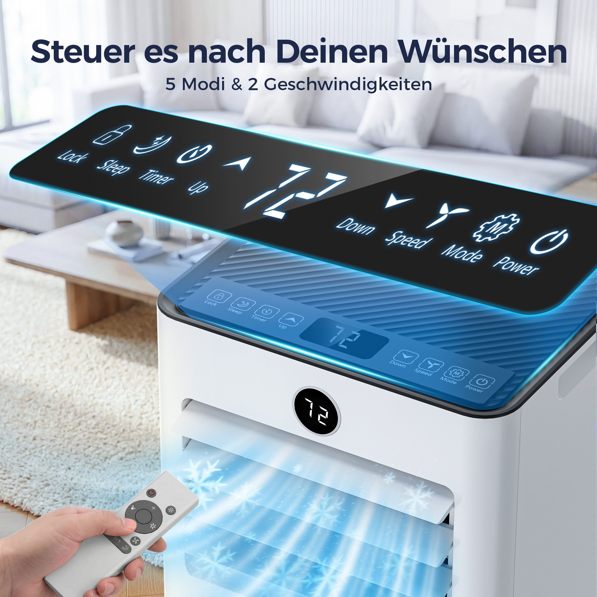 Furnicopia Klimagerät Mobiles 5-in-1 9000BTU, Leise ≤50 dB, Quick Connect, Komplett-Set, 5-in-1: Kühlung, Entfeuchtung, Lüftung, Abtauung, Schlafmodus.