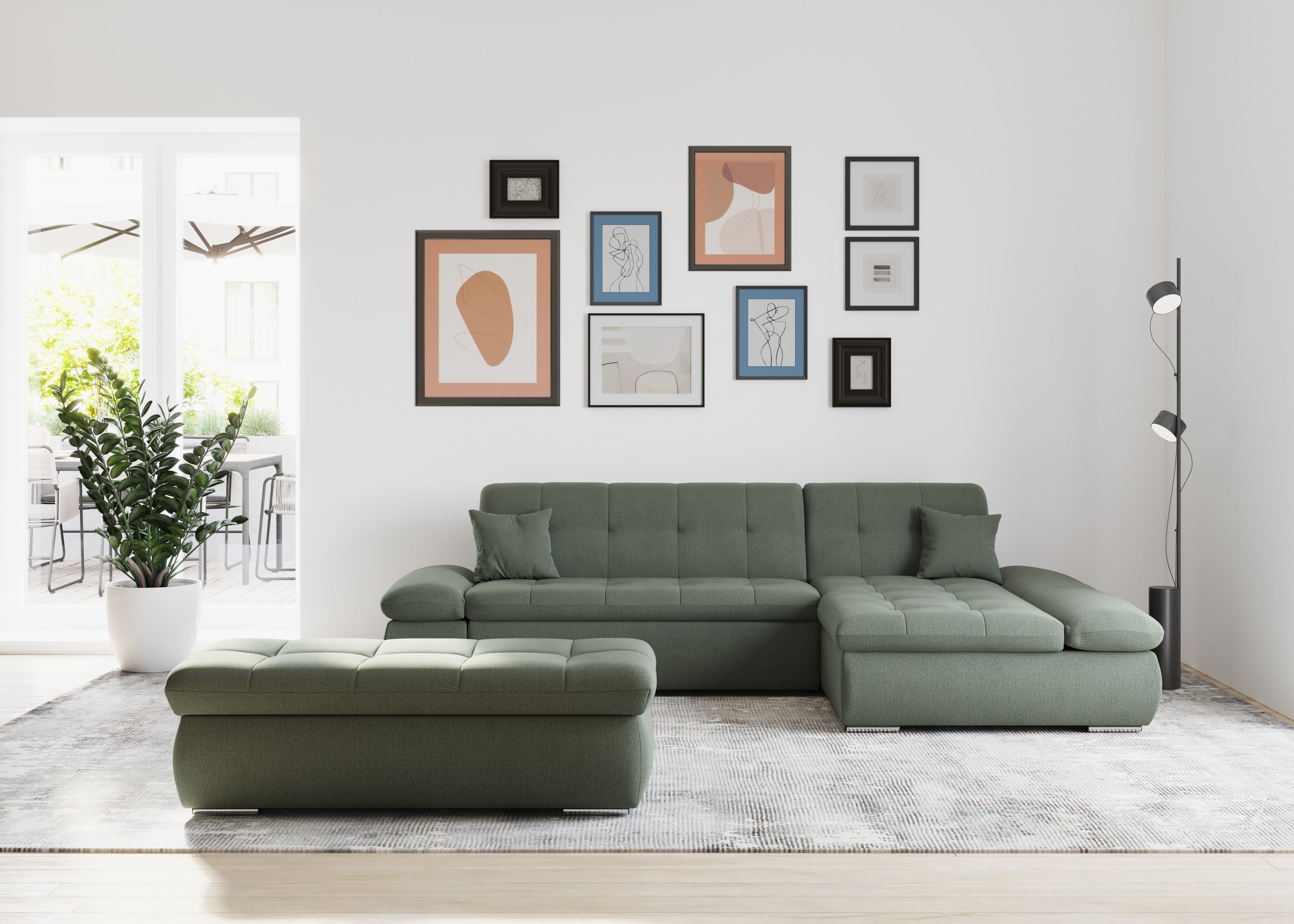 DOMO collection Ecksofa MORIC 300x172 cm, XXL-Sofa mit viel Platz, L-Form, auch in Cord, wahlweise mit Bettfunktion und Armteilverstellung, dunkelgrün
