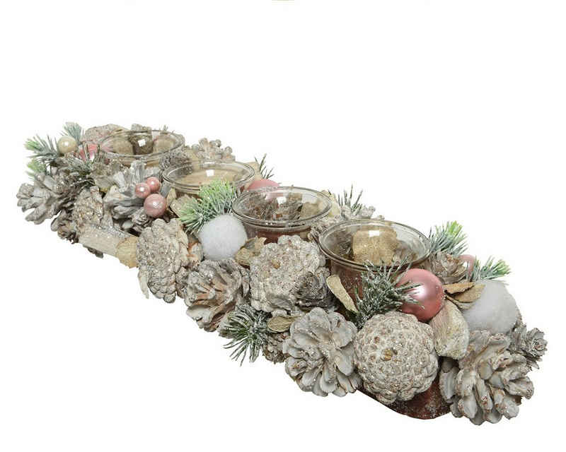 Decoris season decorations Dekokranz, Adventsgesteck aus Zapfen länglich, mit Teelichter weiß / rosa