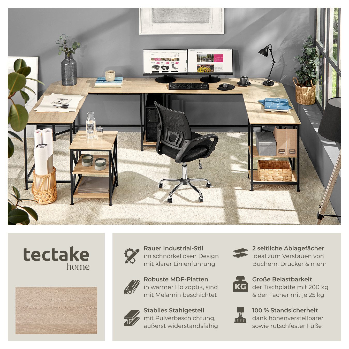 tectake Schreibtisch Computertisch Hamilton 138x138x75,5cm (1-St., 1 tlg), Platzsparender Eckschreibtisch im luftig-leichten Industrie-Design