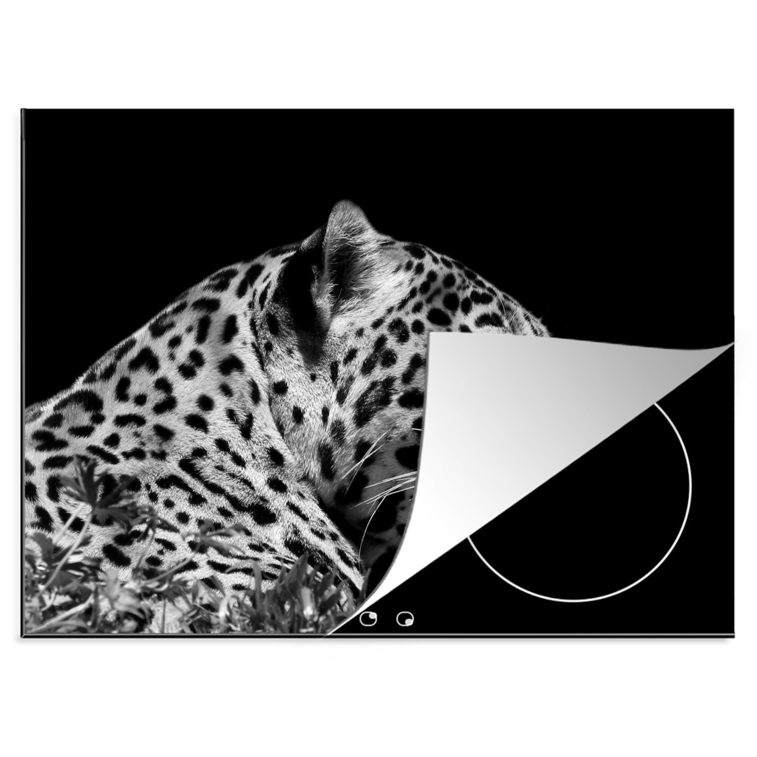 MuchoWow Herdblende-/Abdeckplatte Eine Seitenansicht eines Jaguars auf schwarzem Hintergrund -, Vinyl, (1 tlg), 70x52 cm, Mobile Arbeitsfläche nutzbar, Ceranfeldabdeckung
