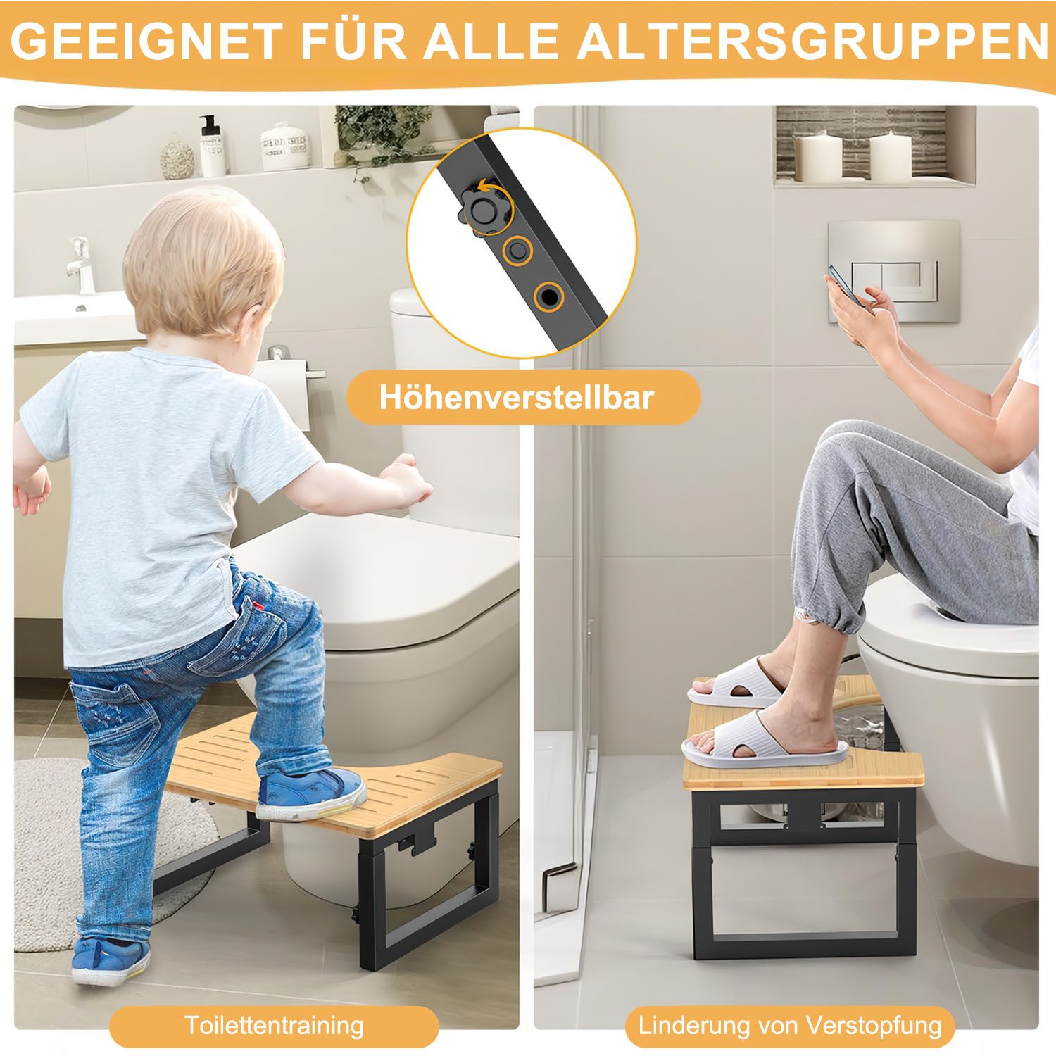 HEYHIPPO Tritthocker Klappbarer Toilettenhocker Höhenverstellbarer Fußhocker Holzfarbe (Stabiler und tragbarer Toilettentritthocker mit geringem Platzbedarf, Ein Tritthocker), Rutschfester Fußhocker für Erwachsene und Kinder aus Bambus