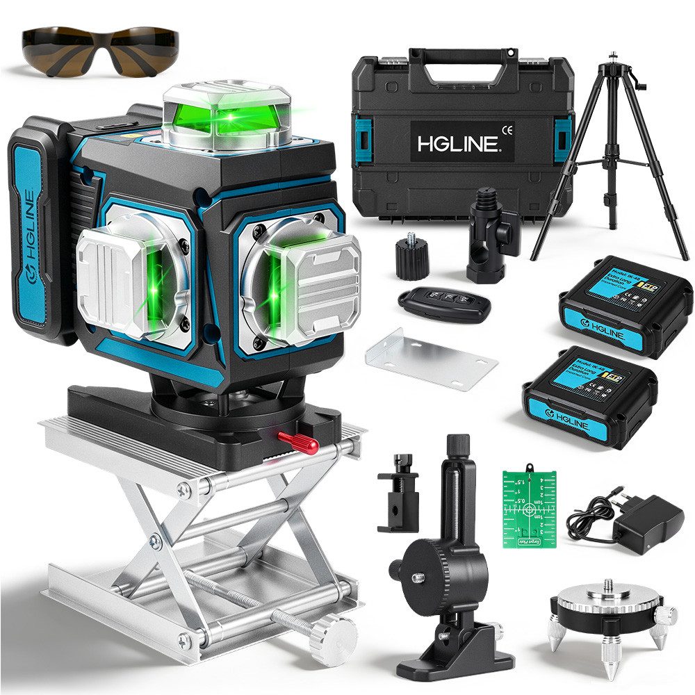 HGLINE Kreuzlinienlaser 4D 16 Linien Laser Wasserwaage – selbstnivellierender Kreuzlinienlaser, mit Stativ, 2x 6 Ah Akkus, Bluetooth-App, Fernbedienung, IP54