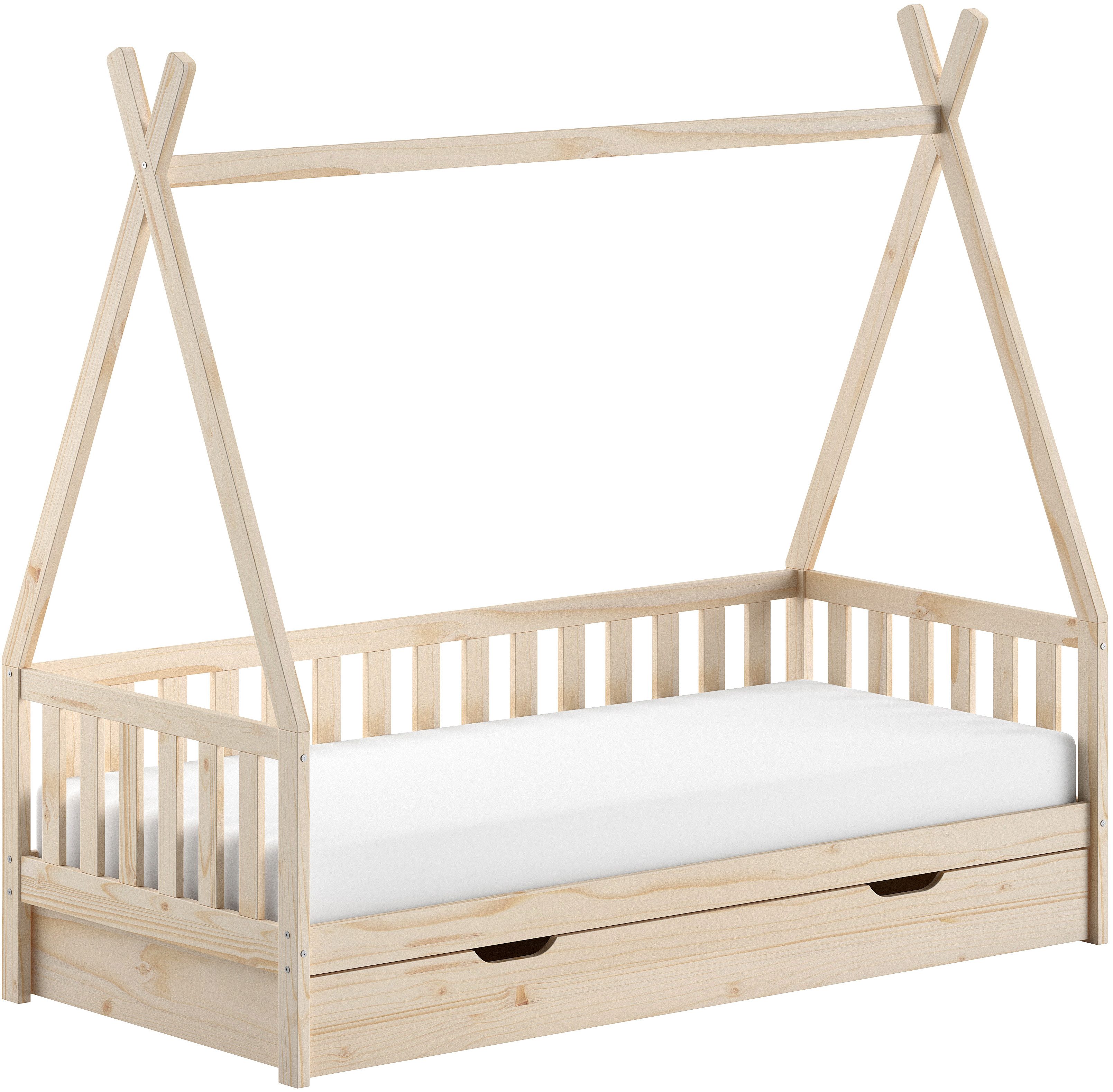 Vipack Massivholzbett mit Tipi Dach, seitlich und hinten mit Sprossenumrandung (Liegefläche 90/200 cm mit Rollattenrost und Bettschublade auf Rollen), Korpus aus massiver Kiefer, natur lackiert