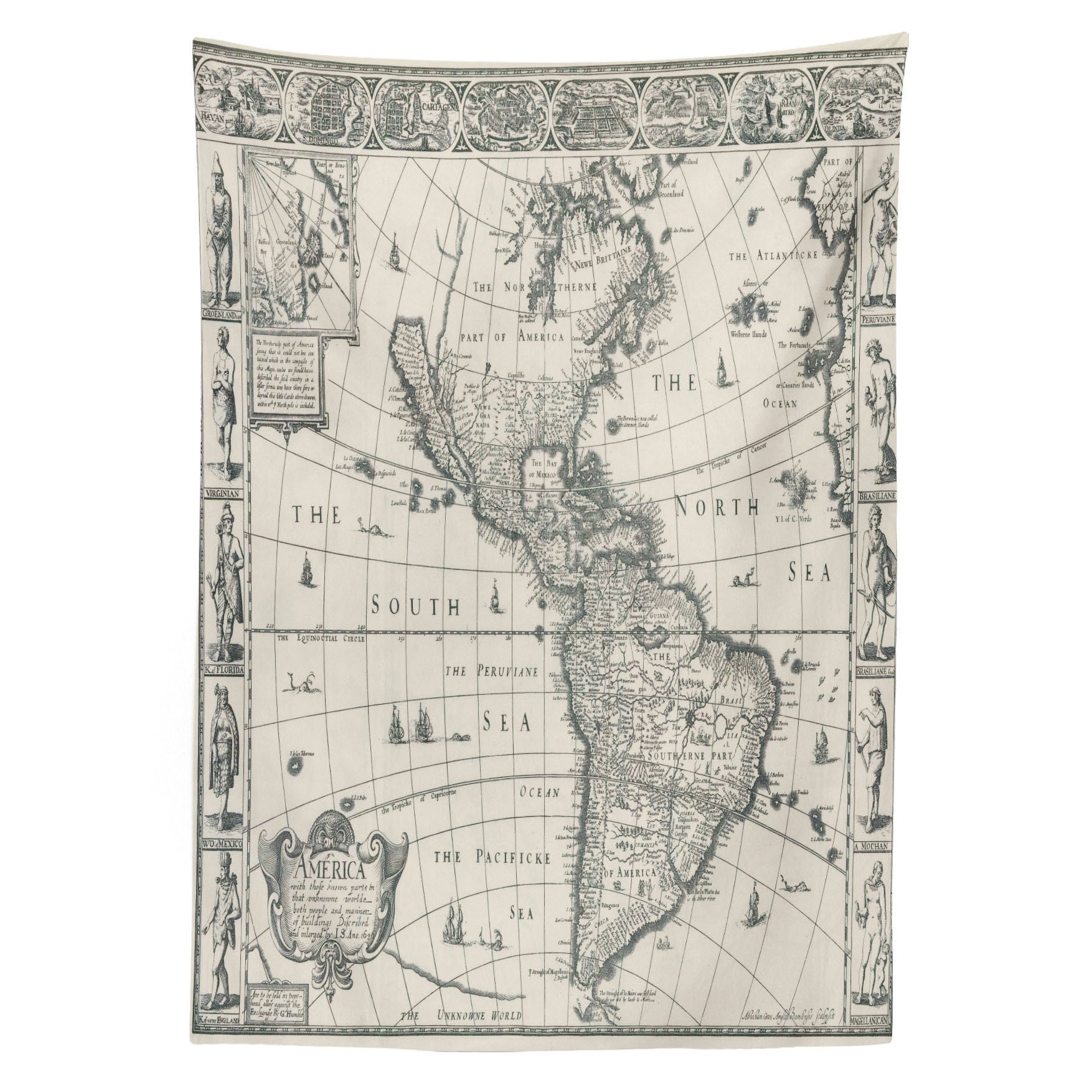 Abakuhaus Tischdecke Farbfest Waschbar Für den Außen Bereich geeignet Klare Farben, Weltkarte Retro alte Amerika-Karte