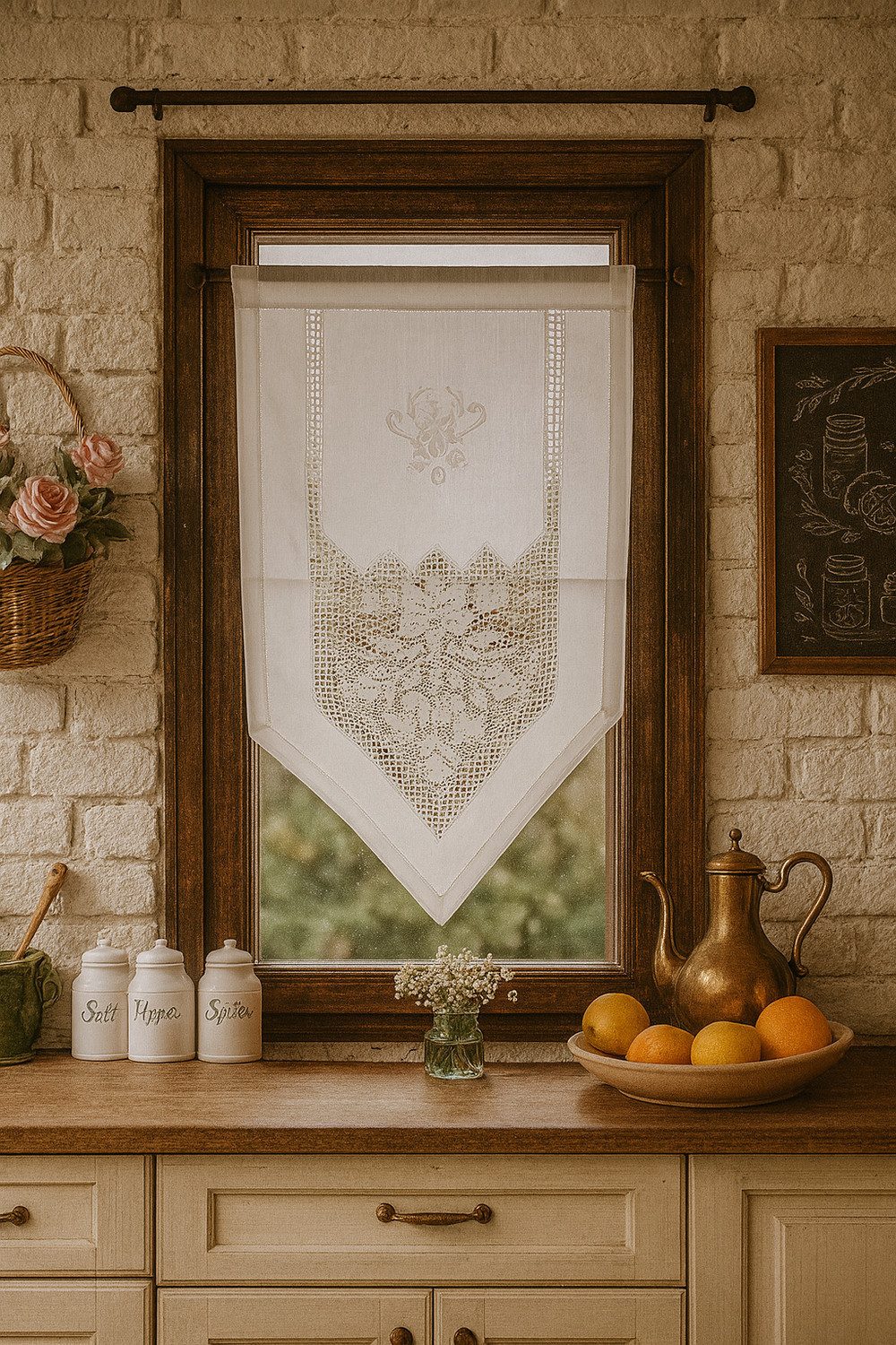 HOSSNER - ART OF HOME DECO Scheibengardine 40x70 cm (1 St), blickdicht, Baumwolle, Vintage, Romantische Stickerei