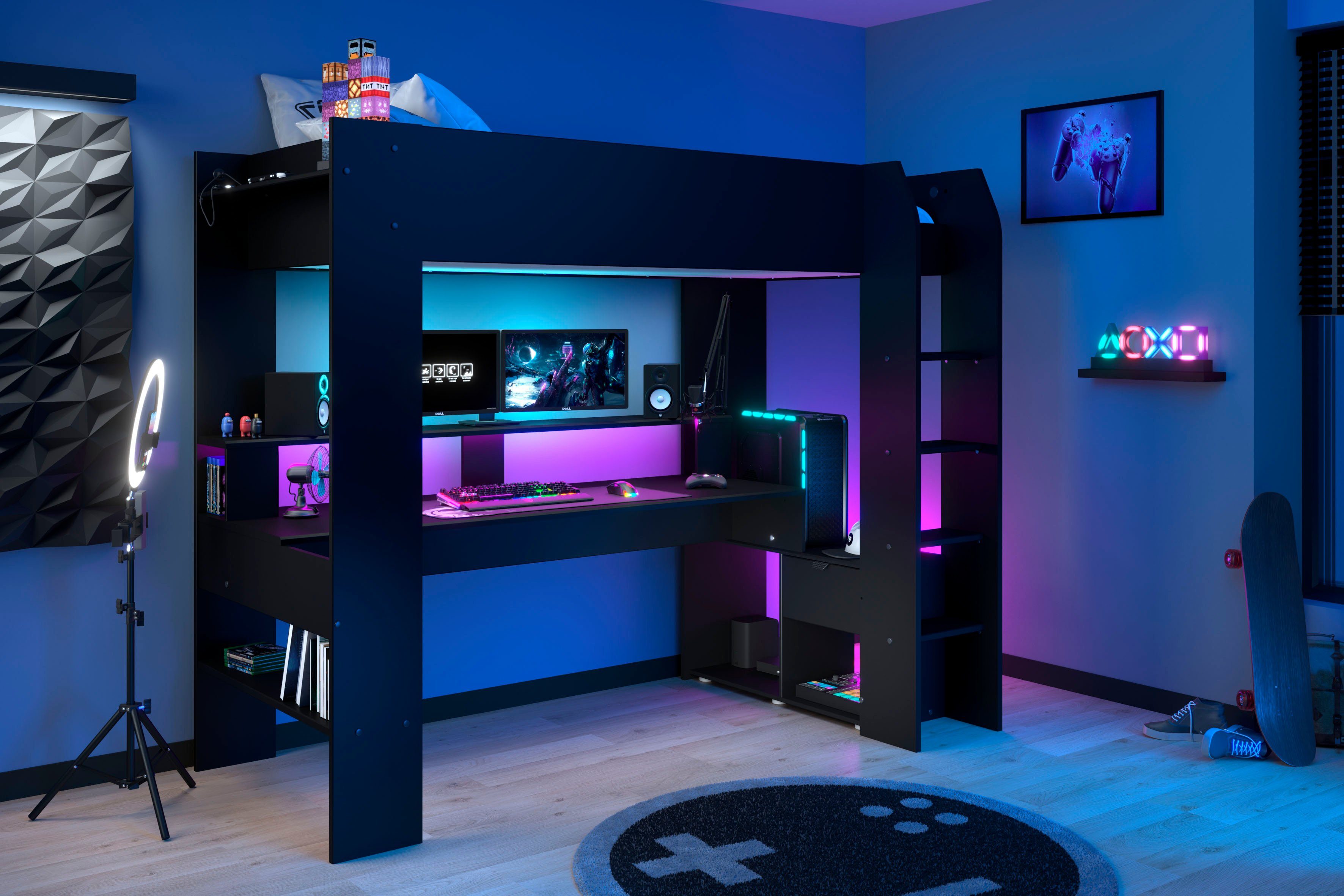 Hochbett Gaming-Bett, mit Schreibtisch, USB Anschluss, LED, viel Stauraum