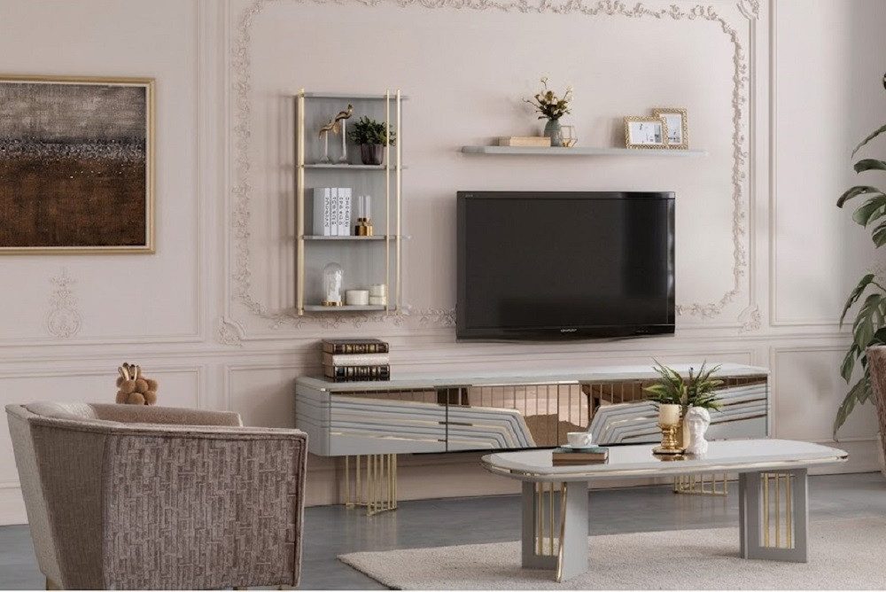 JVmoebel Wohnwand Wohnzimmer-Set Grau/Gold 5-teilig Couchtisch Sessel TV-Board Regale, (5-St), Made in Europa