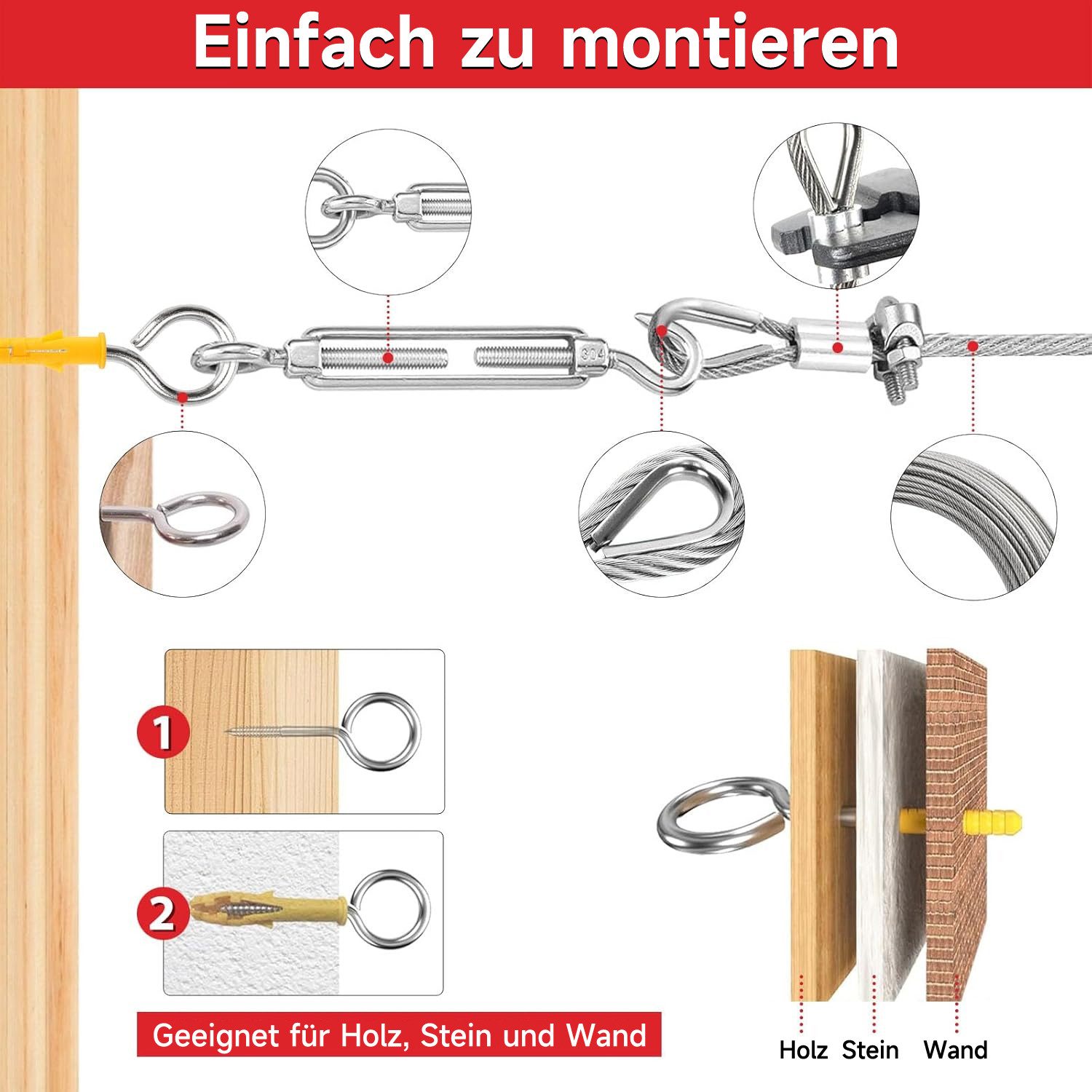 OSTWOLKE Drahtseil 30M Drahtseil Edelstahl Stahlseil Kit mit Ösen Haken M5 Spannschloss