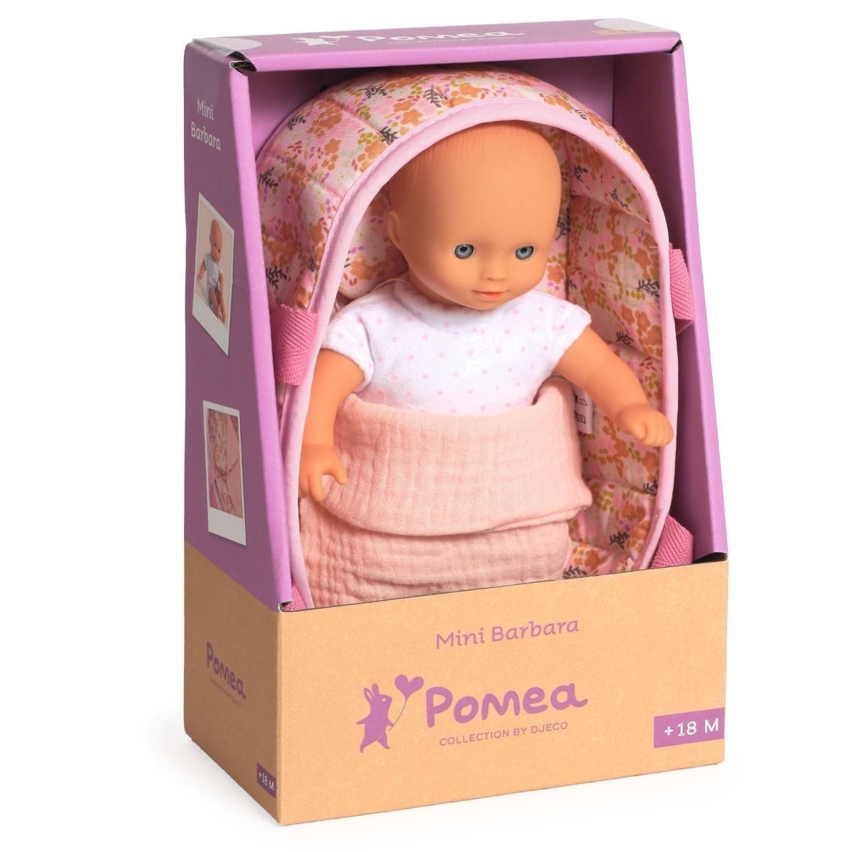 DJECO Babypuppe Pomea Mini-Puppe Barbara mit weichem Körper und Babykörbchen, 20 cm