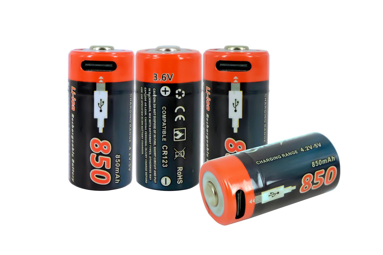 PowerSmart Zusatz-Akku 4x 123 Batterien, für CR123 CR123A CR17345, wiederaufladbare Lithiumbatterie Li-ion 850 mAh (3,6 V)