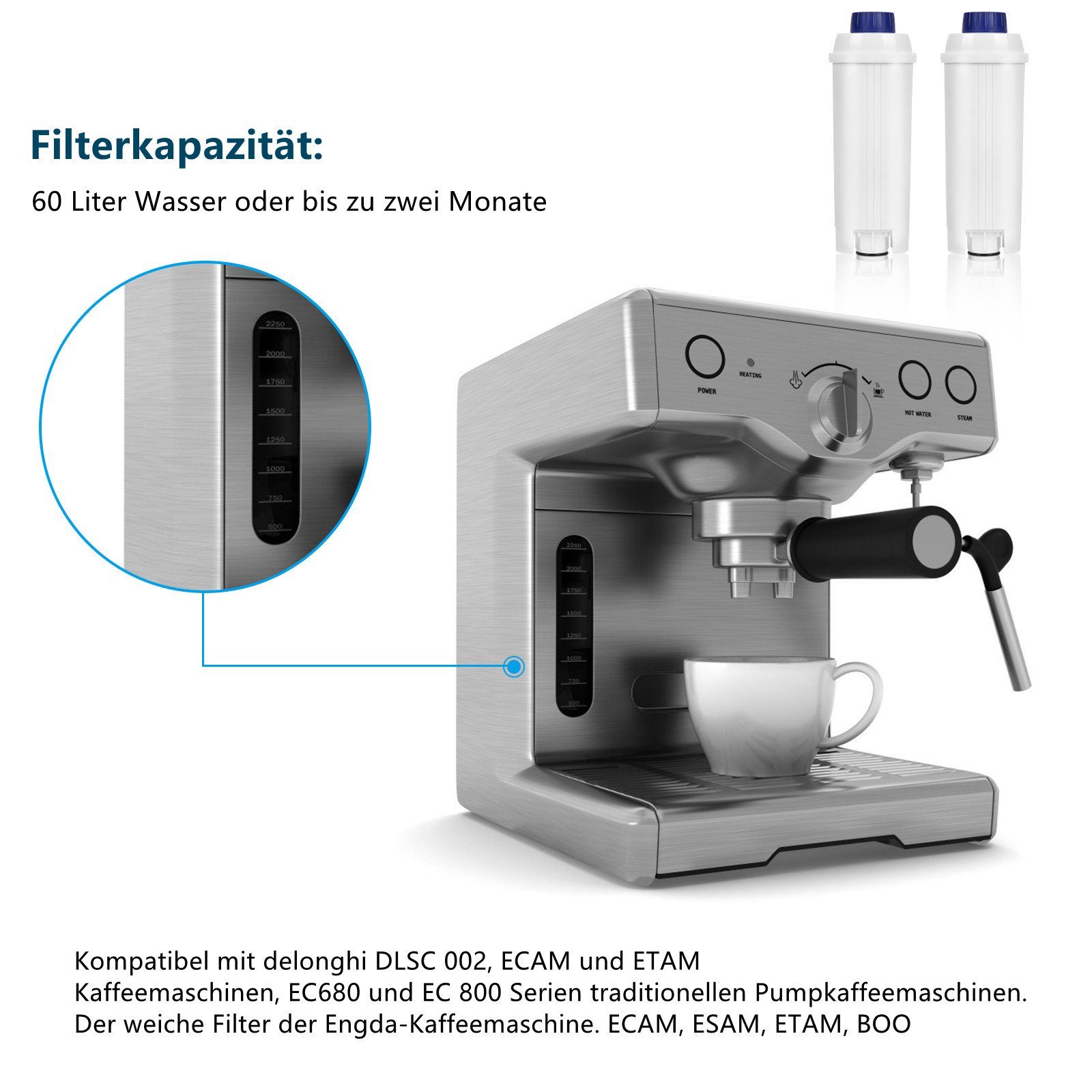 für mit Zubehör kompatibel 60 DLSC002 Wasserfilter Wasser 8x für EC680 Delonghi für Liter EC800 Delonghi für Aktivkohle ECAM ETAM Wasserfilter Clanmacy DLSC002