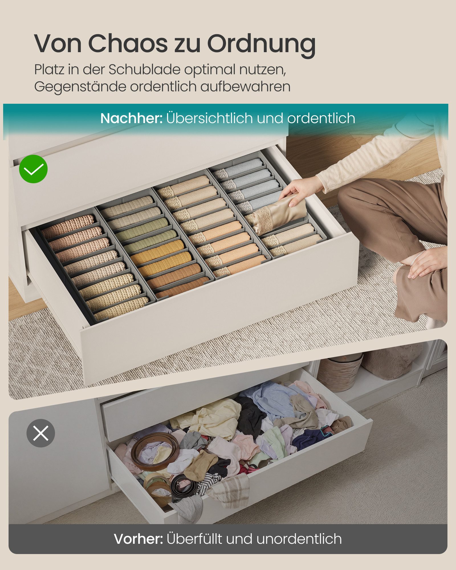 SONGMICS Aufbewahrungsbox Schubladen-Organizer, faltbar, Schrank-Organizer, 40 x 16 x 10 cm, für Unterwäsche und Socken, Schrank-Organizer – Bild 5 von 5