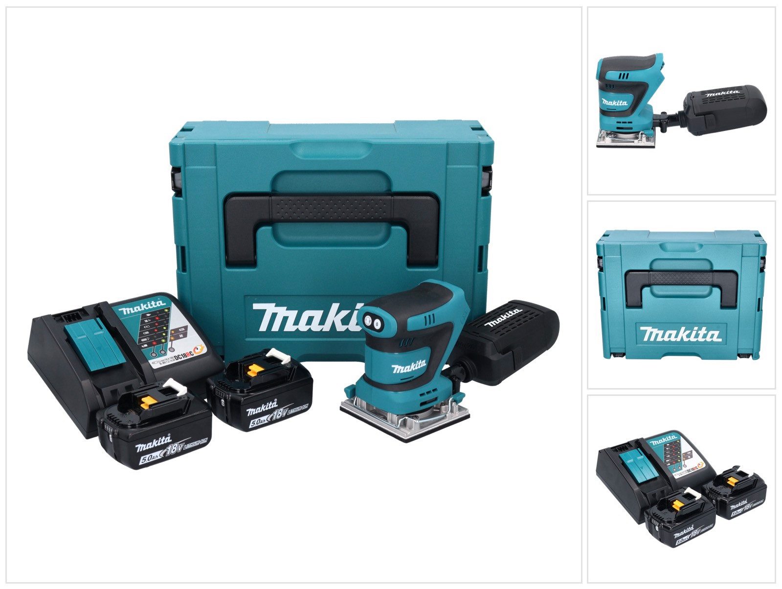 Makita Akku-Schwingschleifer DBO 482 RTJ 18 V 112 x 102 mm + 2x Akku 5,0 Ah + Ladegerät + Makpac