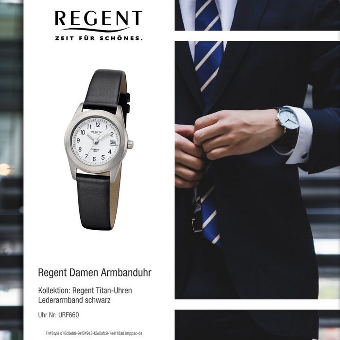 Regent Quarzuhr Regent Damen Uhr F-660 Leder Quarzwerk (Armbanduhr) Damen Armbanduhr rund klein (ca. 26mm) Titan Elegant BQ9568