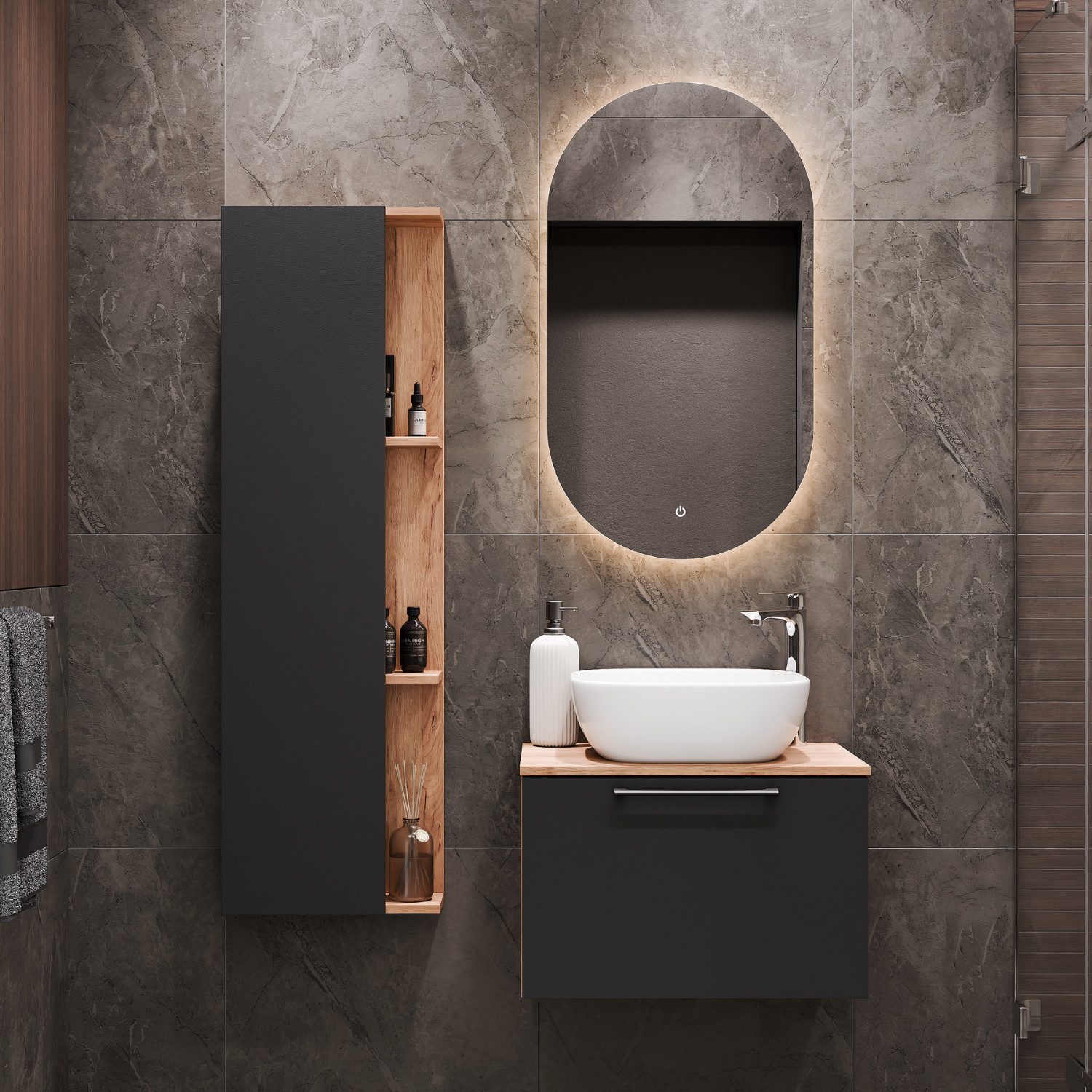 Planetmöbel Badmöbel-Set ASTRA Waschtischunterschrank 60 cm mit Seitenschrank, (Waschbeckenunterschrank, 2-St., Badezimmerschrank), Badezimmer Möbel im modernen Design