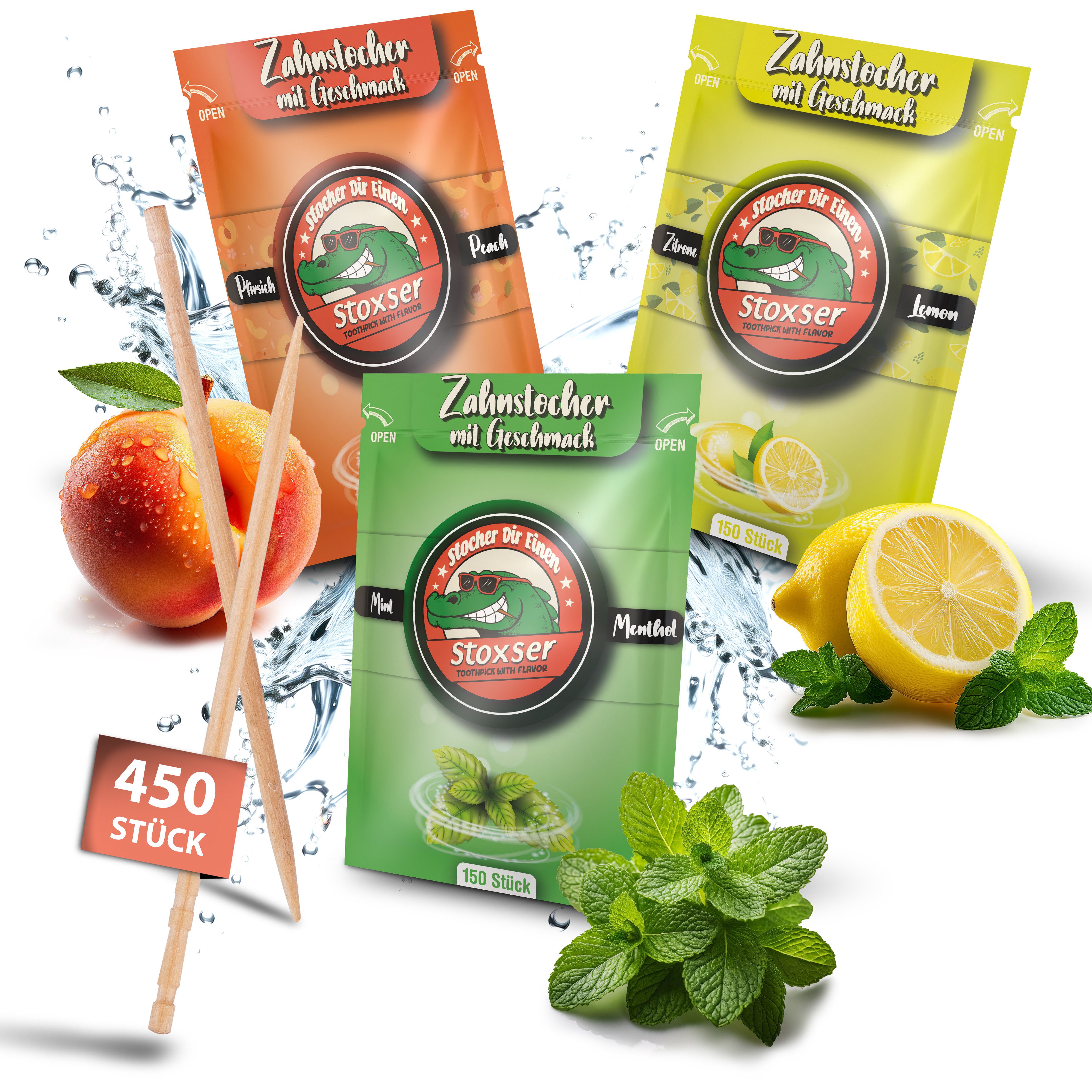 Stoxser Mundpflegecenter Stoxser 450x Zahnstocher mit Geschmack 3er Pack, 450 x Zahnstocher mit Geschmack im 3er Set, Kein Kaugummi Unterstützend zu Zahnpasta Zahnseide Zuckerfrei