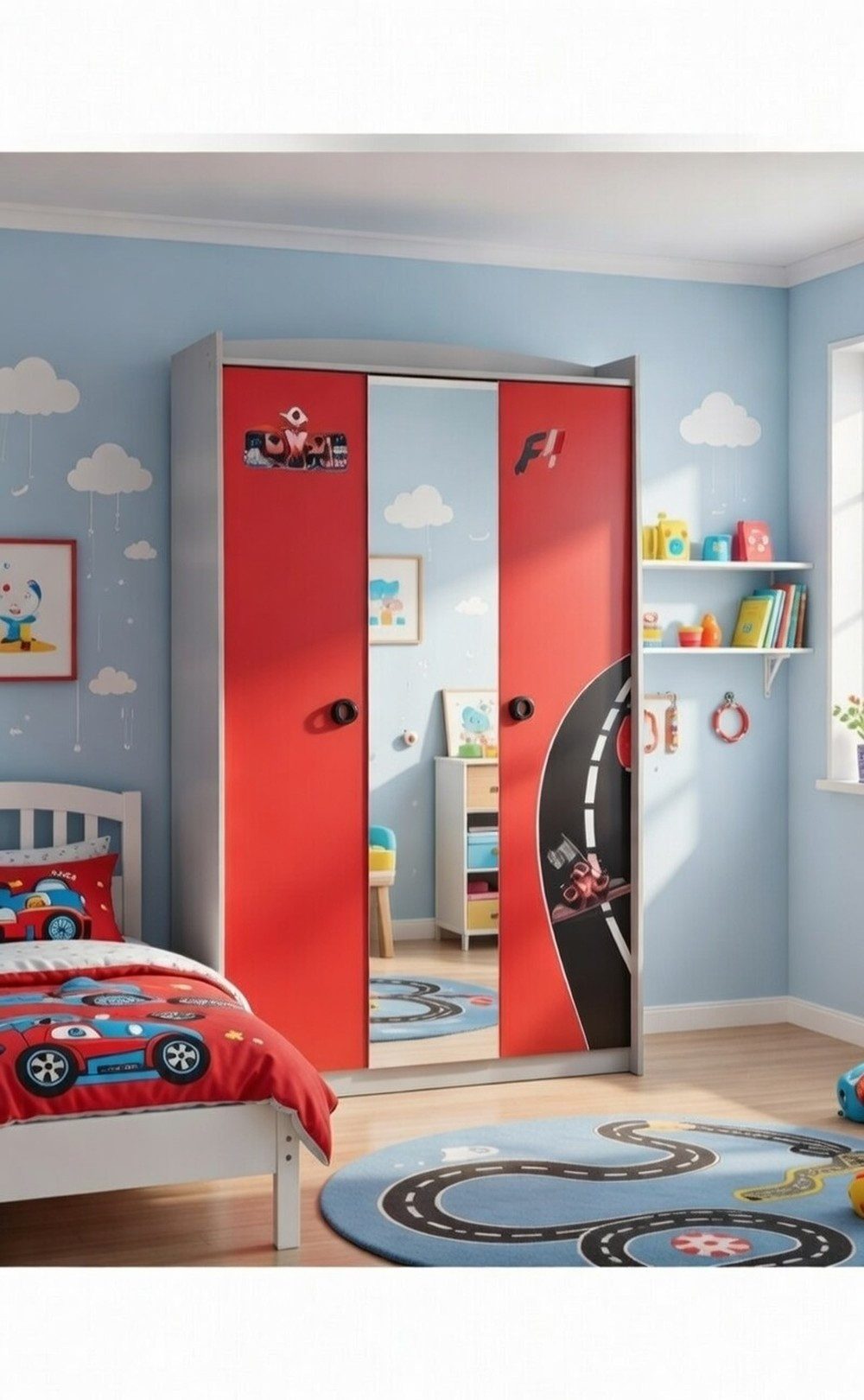 JVmoebel Kleiderschrank Kinder Kleiderschrank im Rennwagen Design mit Spiegel und Stauraum Made in Europa