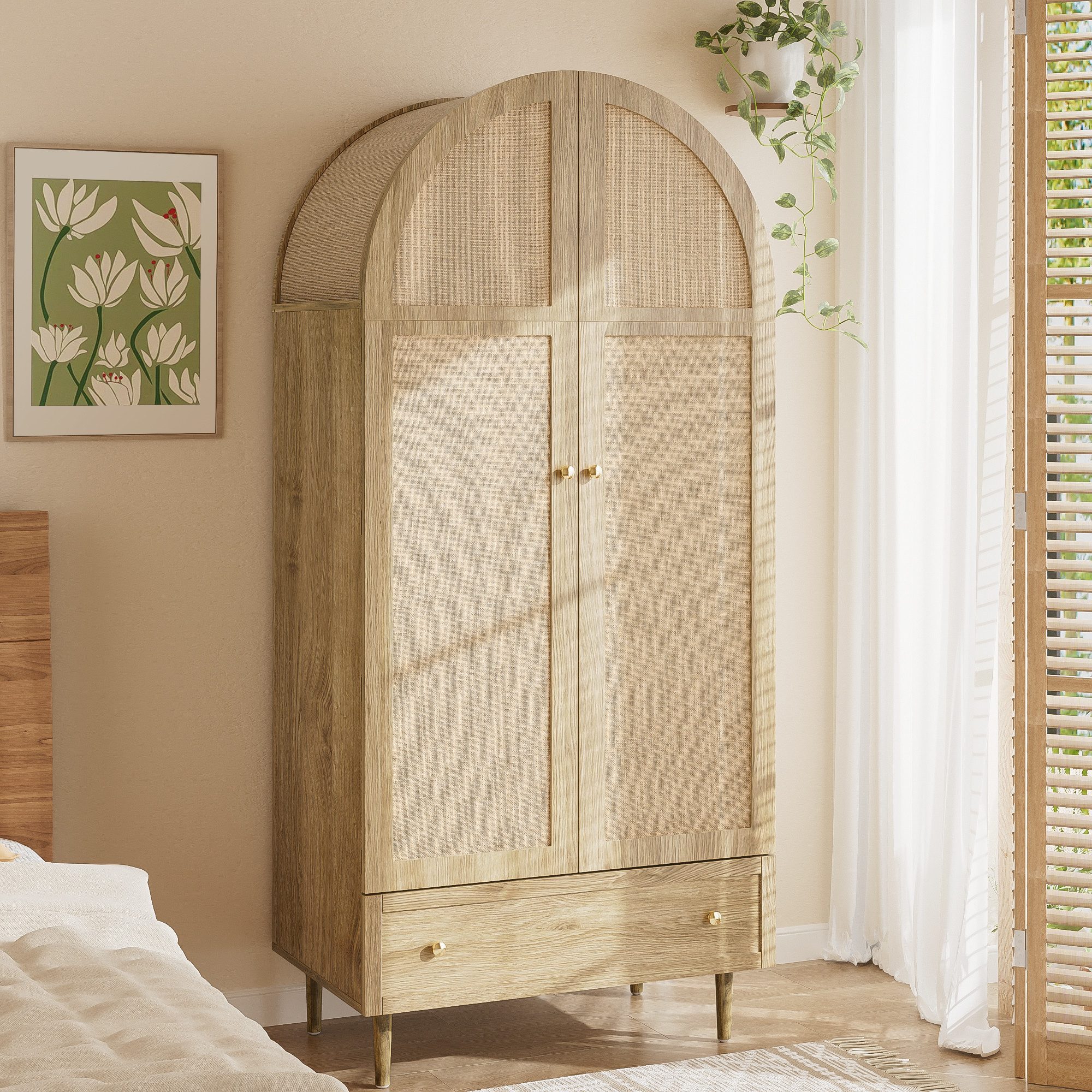 Merax Kleiderschrank mit Stofftüren, Schublade & Kleiderstange (1-St., für Gäste- & Ankleidezimmer) Garderobenschrank mit Holzfüßen und Naturoptik für Schlafzimmer