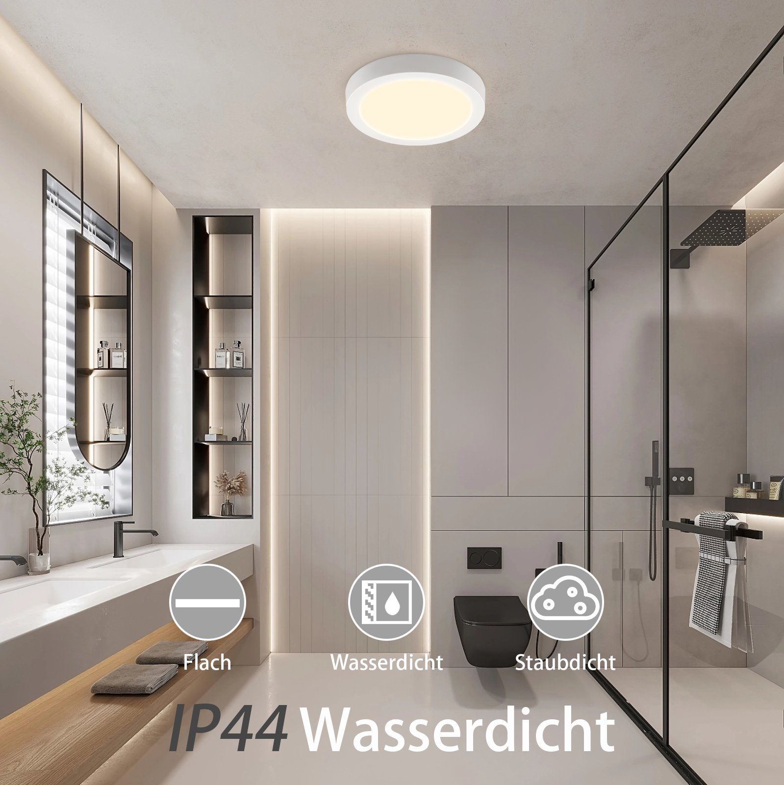 Flach LED Energiesparend, Deckenlampe Modern18W Augenschutz Weiß ‎Flimmerfrei, Warmweiß Deckenleuchte Wasserfest, Nettlife IP44 Rund