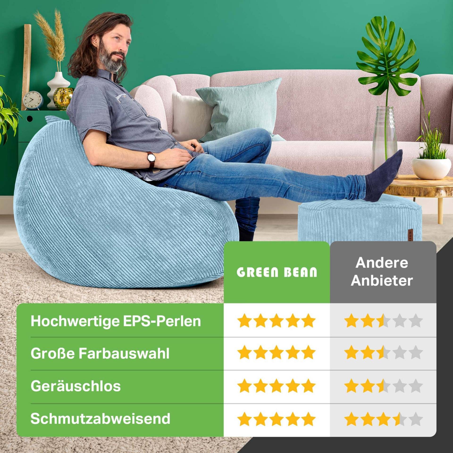 Green Bean Sitzsack XXL Sitzsack Scoop + Hocker aus Cord, Indoor Sitzkissen mit Sitzhocker, Relax Sessel
