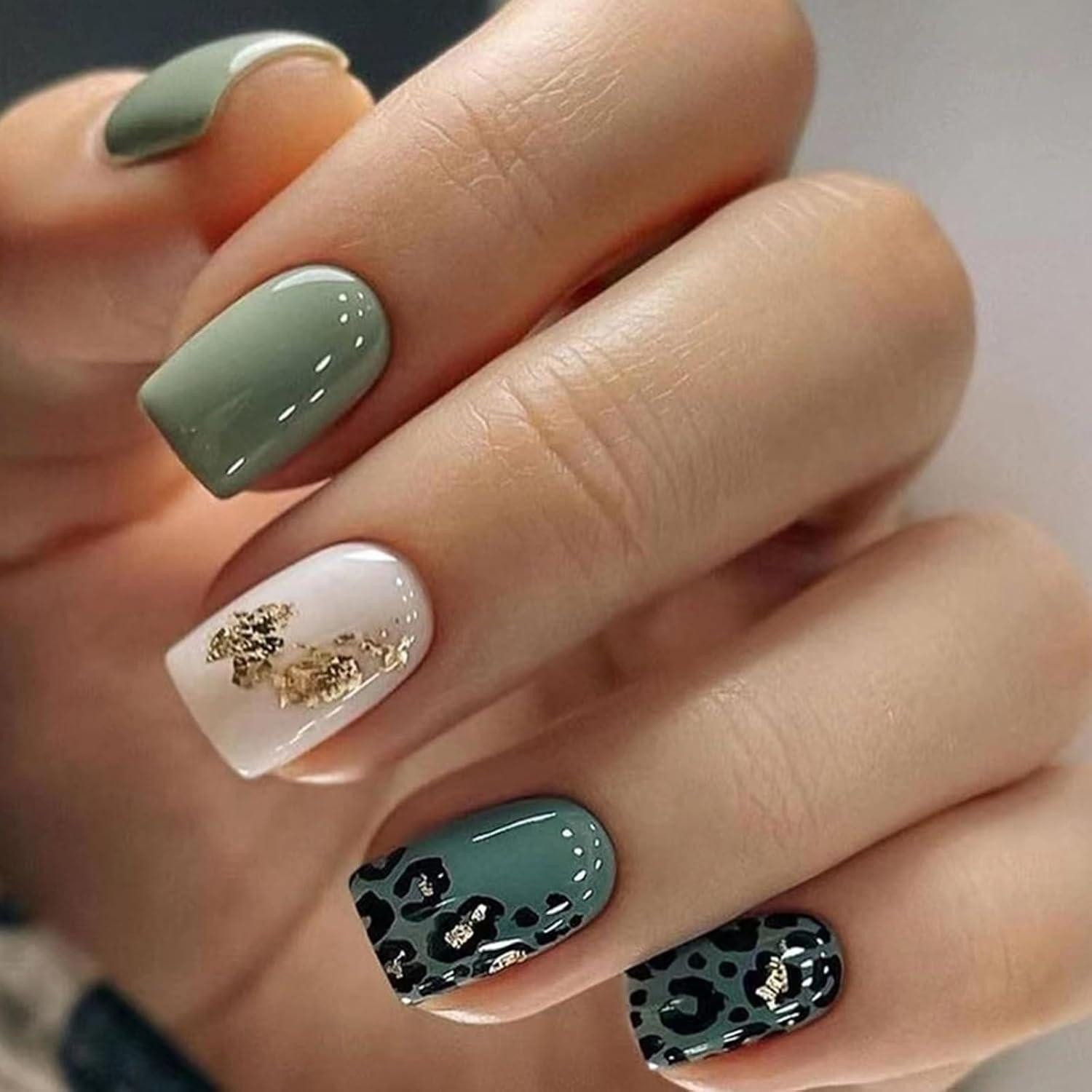 LuxusKollektion Kunstfingernägel 24 Stück Leopardenmuster Nägel Full Cover, Press on Nails kurz grün