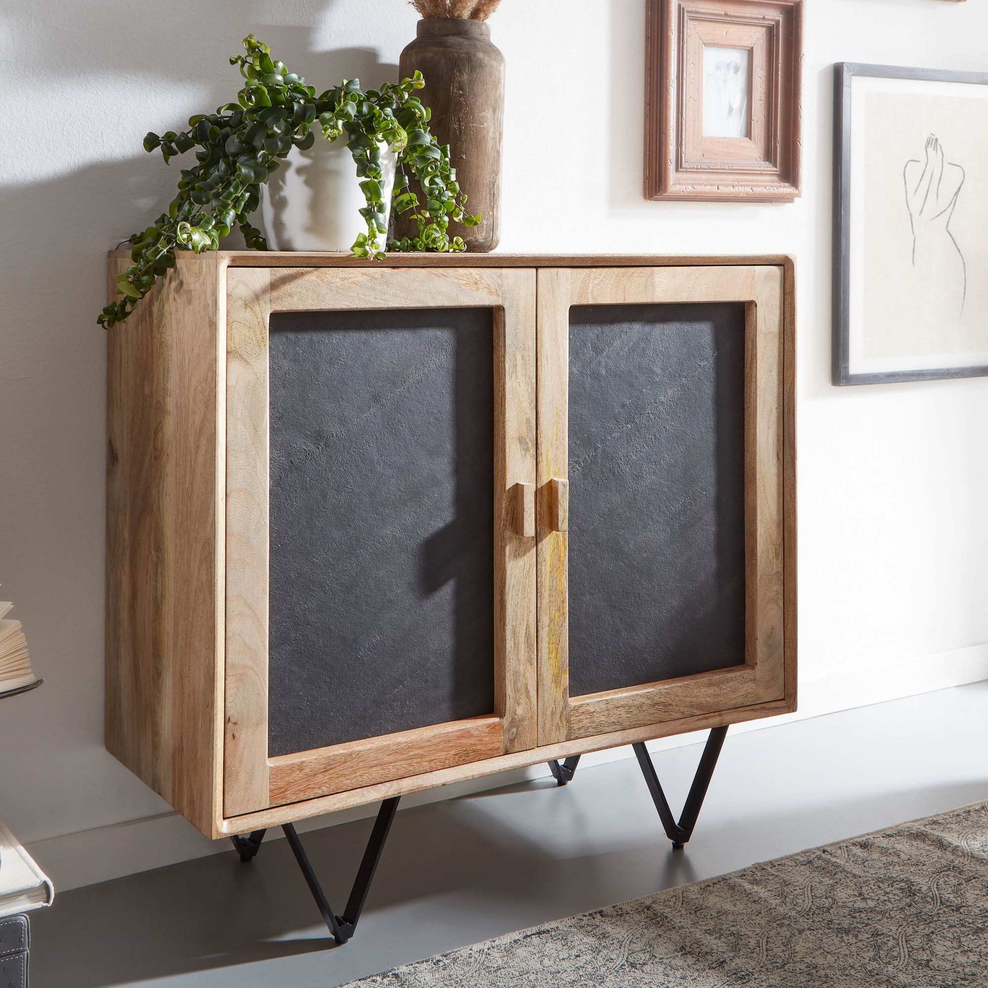 FINEBUY Sideboard FB34721 80x75x35cm Holz Massiv Stein Kommode Anrichte mit Türen (Anrichte mit 2 Türen, Kommode Standschrank Massiv), 80x75x35 cm Mango Massivholz Braun