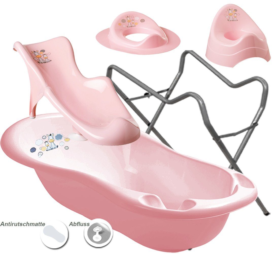 Maltex Babybadewanne 4 Teile SET - Zebra Rosa + Ständer Grau -Baden,  (Premium-Set 4 tlg+Gestell), Wanne +Sitz +Töpfchen +WC Aufsatz + Gestell