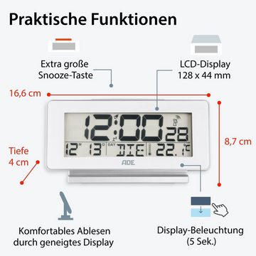 ADE Funktischuhr Digitaler Wecker mit Beleuchtung, ohne Ticken mit Wochentag- und Temperaturanzeige und Weckfunktion, leicht ablesbar