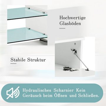 Merax Lowboard mit Glasablagen und LED-Beleuchtung, TV-Schrank hochglanz mit Klapptüren, Fernsehtisch, TV-Board, Breite:140cm