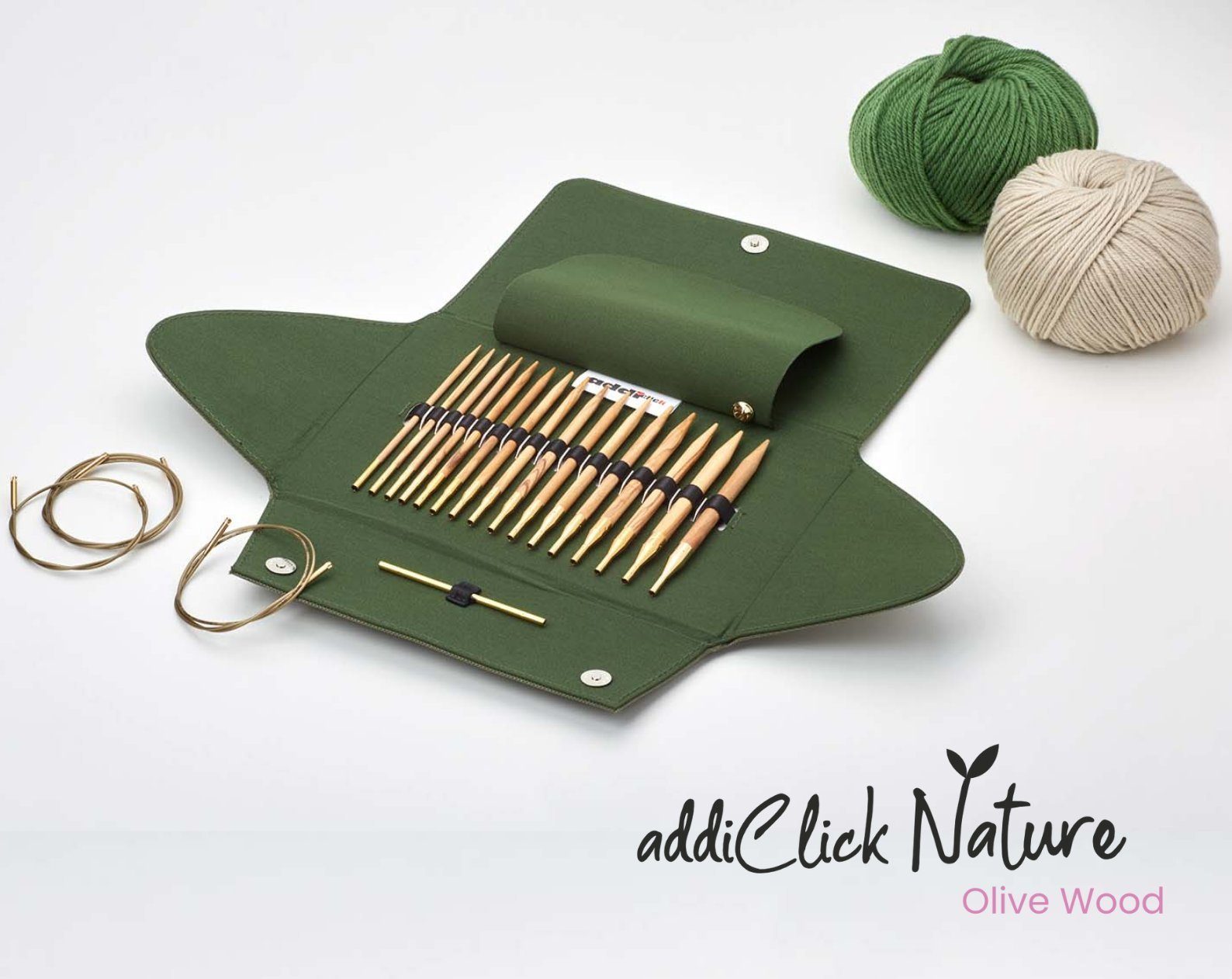 addi Rundstricknadeln addiClick Nature Olivenholz Rundstricknadel-Set 3,5-8 mm, auswechselbare Nadelspitzen mit innovativem addiClick System