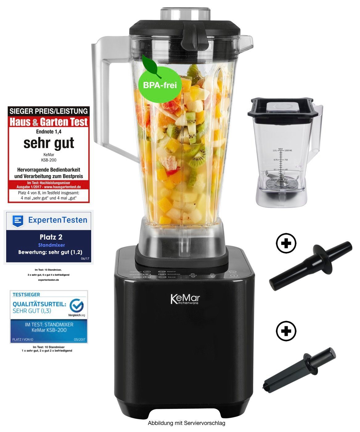 KeMar Kitchenware Standmixer KSB-200, 1500,00 W, 2 Behälter, Touchdisplay, Hochleistungsmixer, Smoothiemaker