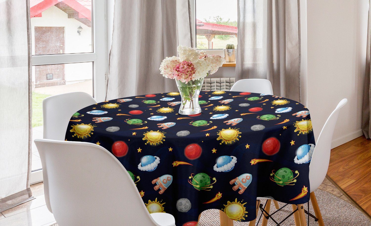 Abakuhaus Tischdecke Kreis Tischdecke Abdeckung für Esszimmer Küche Dekoration, Platz Cosmos mit Sonne Planeten