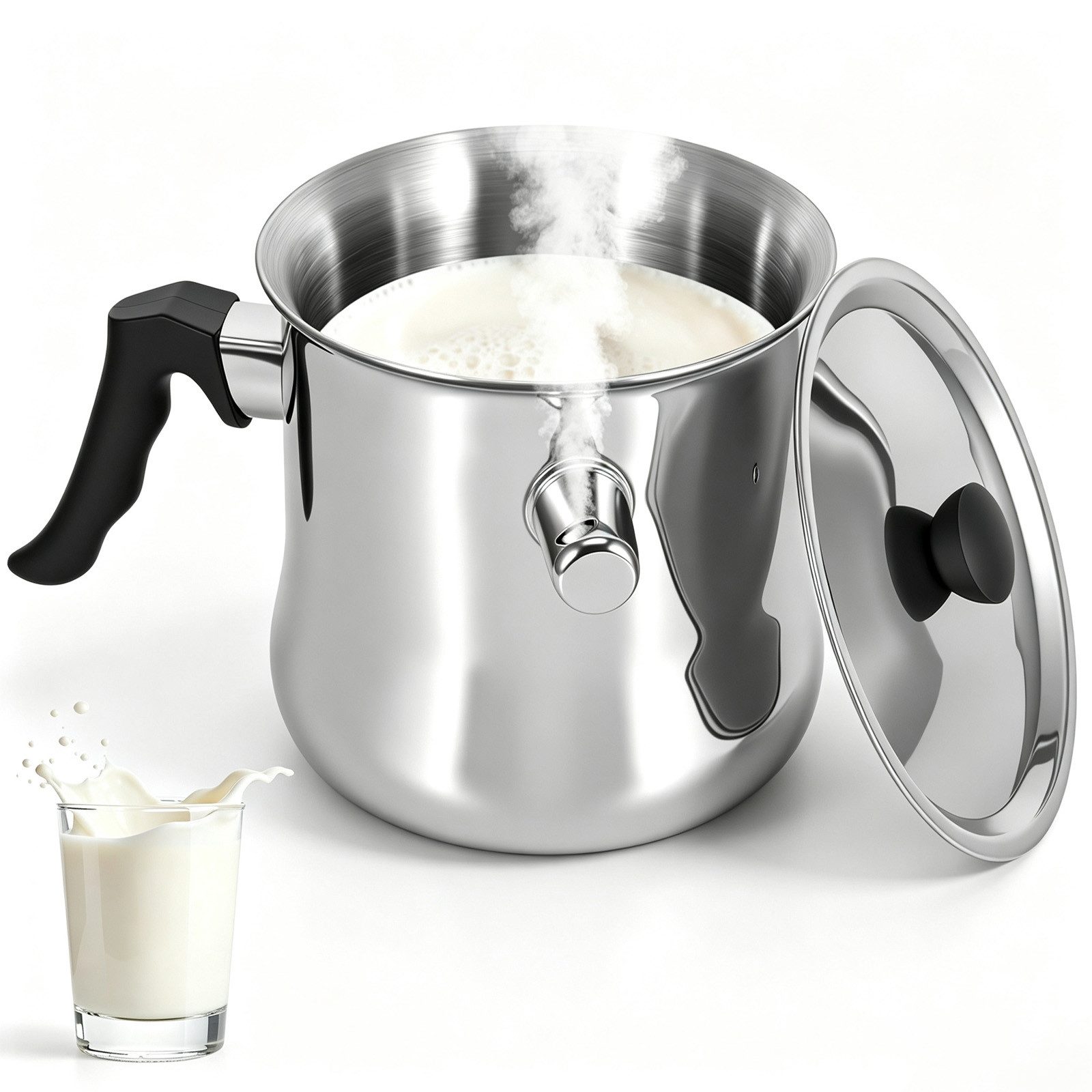 BlingBin Milchtopf 1,5L Milchkochtopf Doppelwandig mit Deckel & Pfeife, Simmertopf, Edelstahl (1er Set, 1-tlg., Produktmaße: 21 × 17 × 15,8 cm), Edelstahl Puddingtopf mit Griff, Geeignet für Gas,Elektro,Induktion