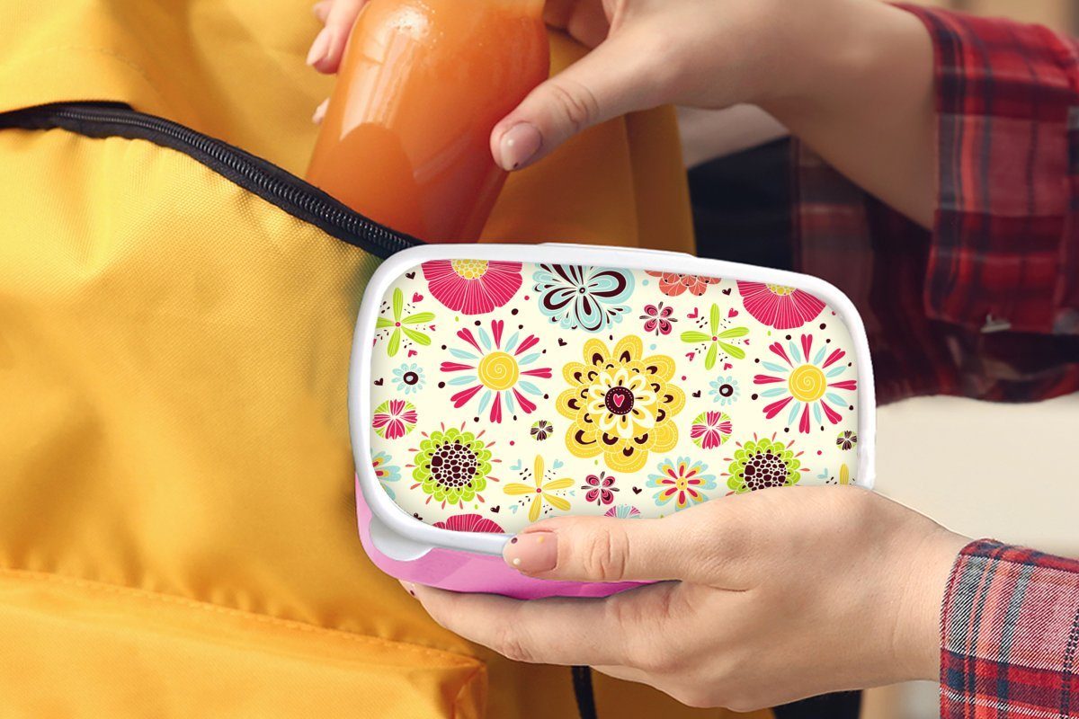 Muster, für Mädchen, MuchoWow Erwachsene, Lunchbox (2-tlg), Kunststoff, Kunststoff Blumen Kinder, rosa - - Brotdose Snackbox, Brotbox Herz