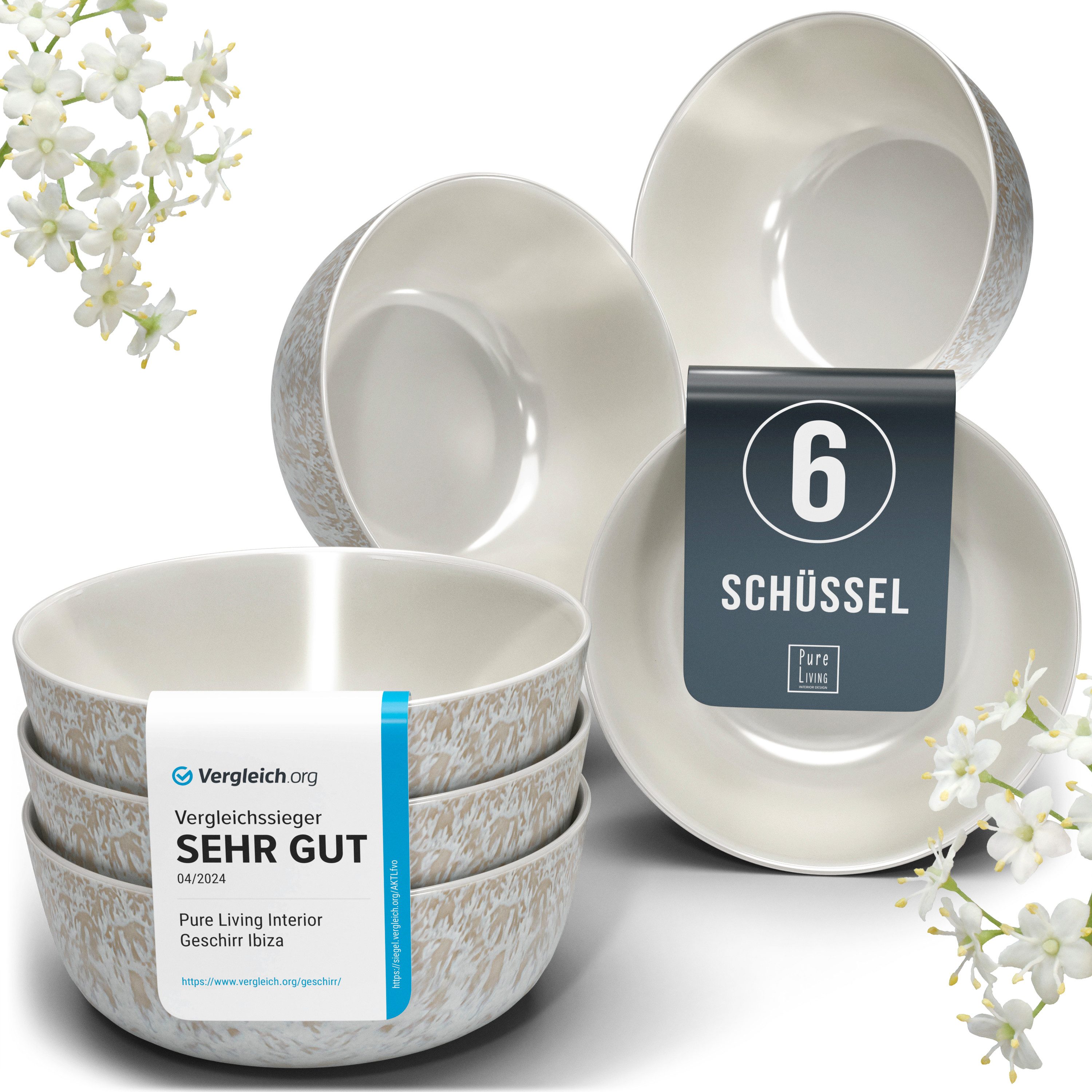 PURE LIVING INTERIOR DESIGN Geschirr-Set Ibiza, 6er-Set Müslischalen, 16 cm, Riffelstruktur, Beige (6-tlg), 6 Personen, Steingut