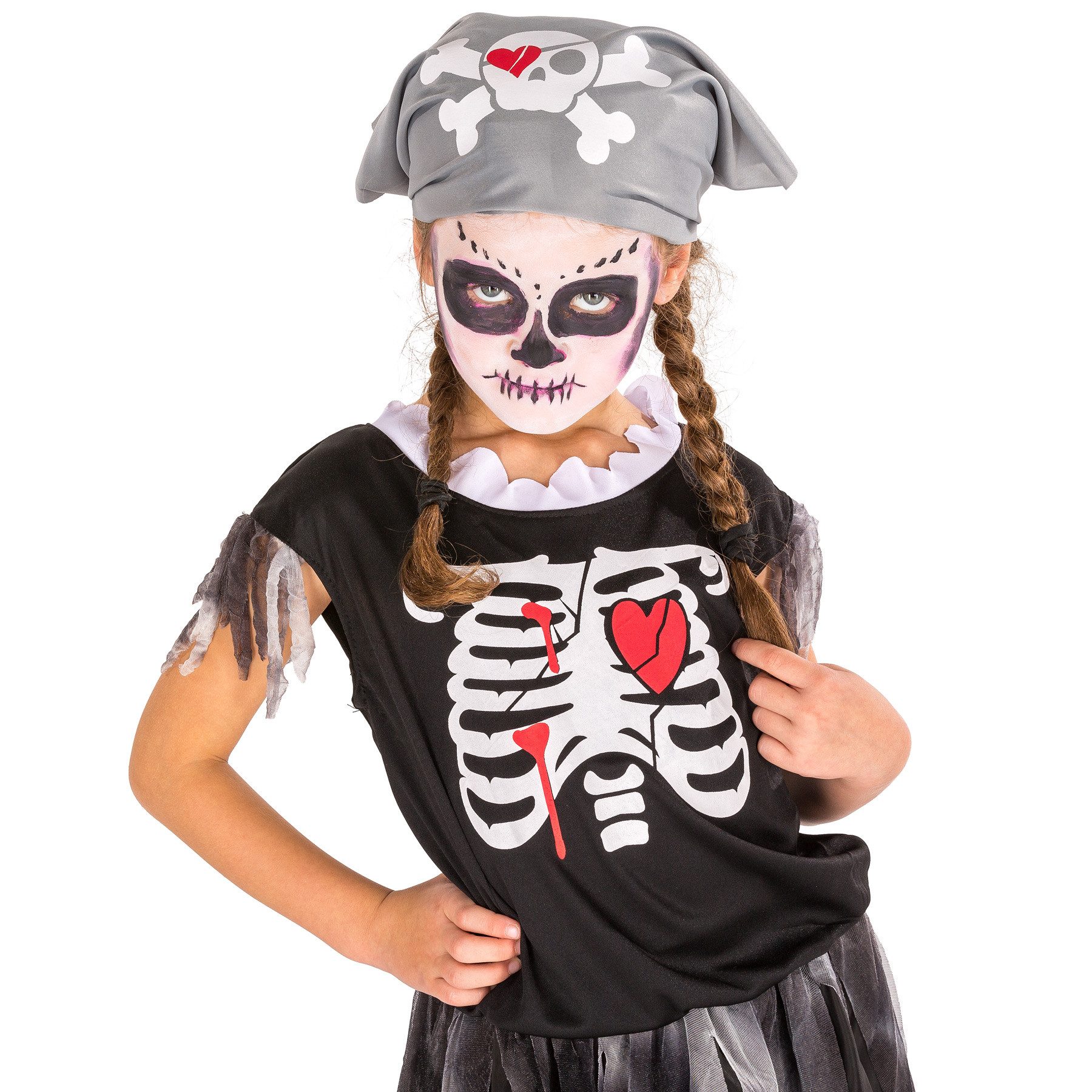dressforfun Piraten-Kostüm Knochenpiratin, auch Seeräuberin, in schwarz, Gr. 116 (5-7 Jahre), Aufwendiges Kleid, Skelett-Aufdruck vorn, Unterteil, Kopfbedeckung