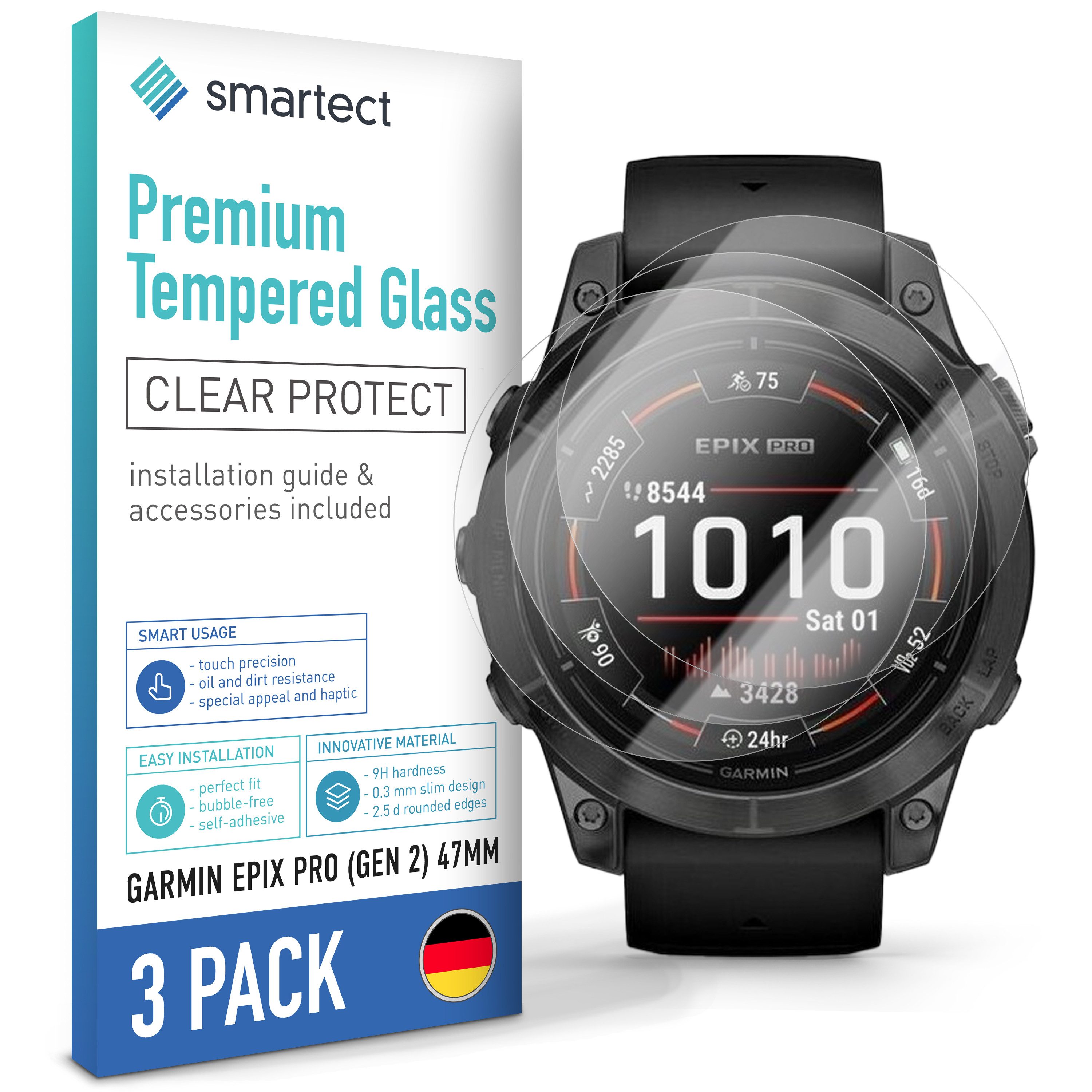 smartect Displayschutzglas Schutzglas Panzerfolie Klar für Garmin Epix Pro (Gen2) 47mm, Set, 3 Stück, Schutzfolie Glasschutz Bildschirm