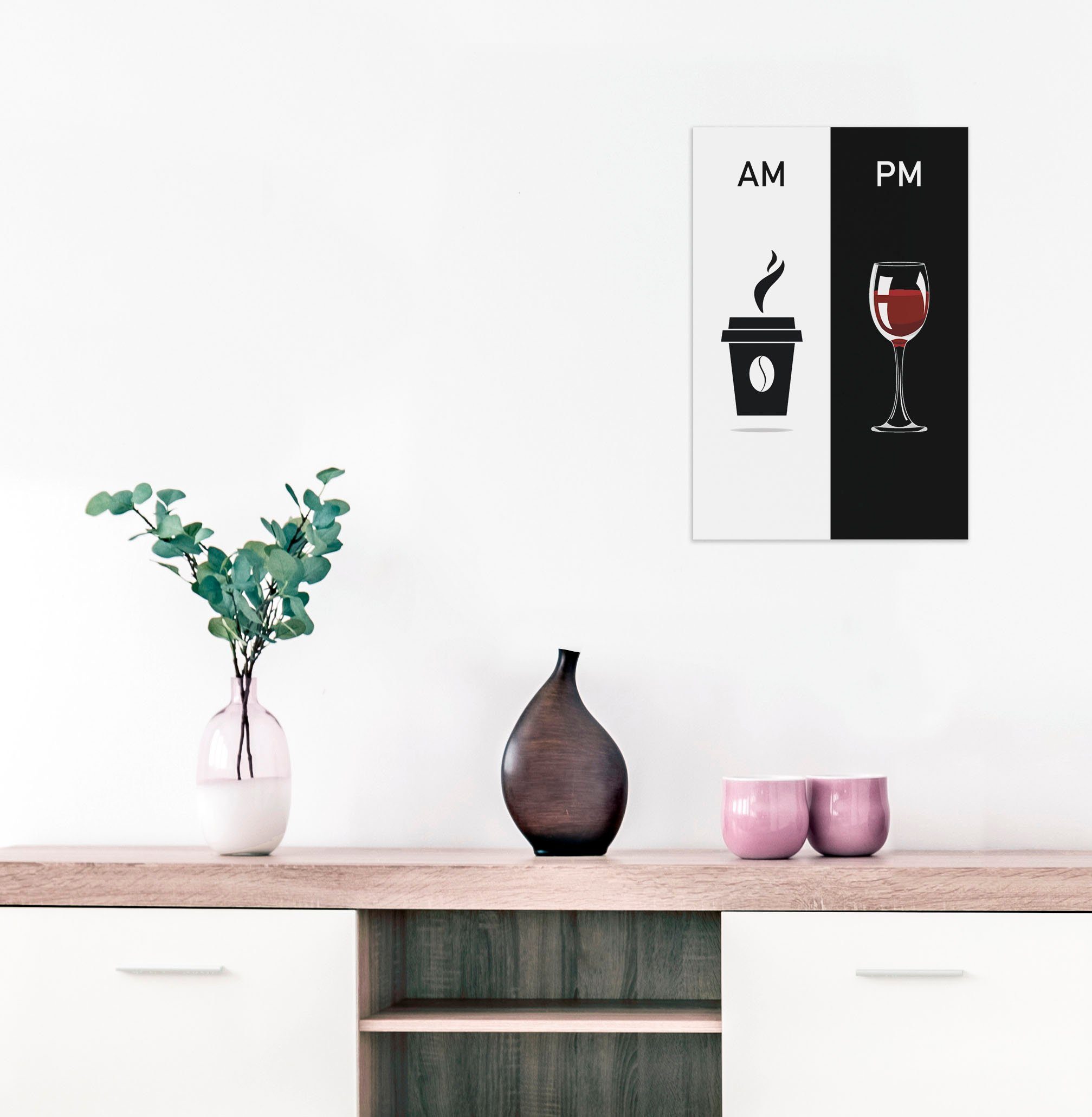 queence Wanddekoobjekt AM PM - Kaffeebecher und Wein, Stahlschild, Blechschild, Spruch, Witzig, Wanddeko, retro, 20x30cm