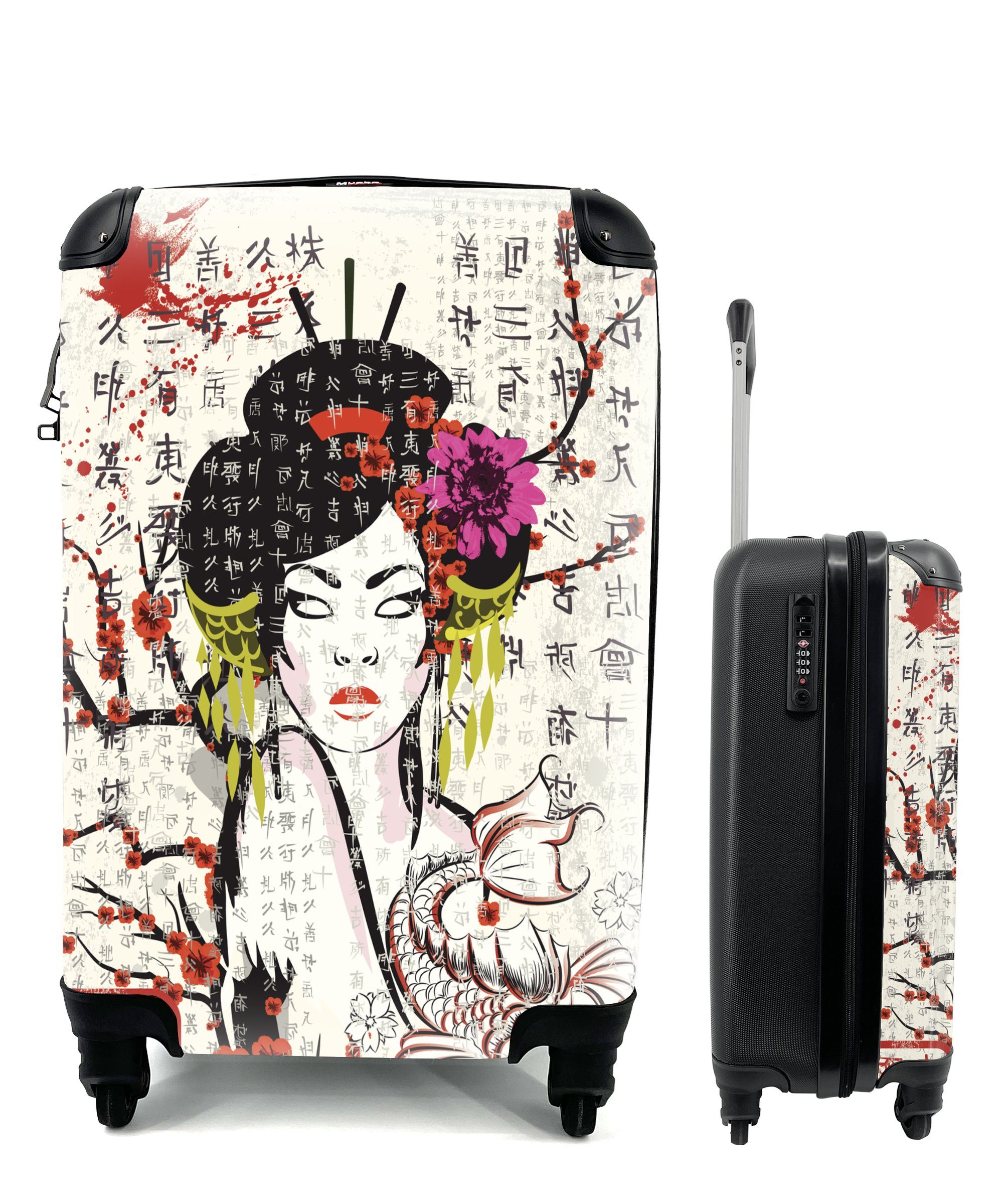 MuchoWow Handgepäckkoffer Japanische Illustration traditionelle Frau, 4 Rollen, Reisetasche mit rollen, Handgepäck für Ferien, Trolley, Reisekoffer