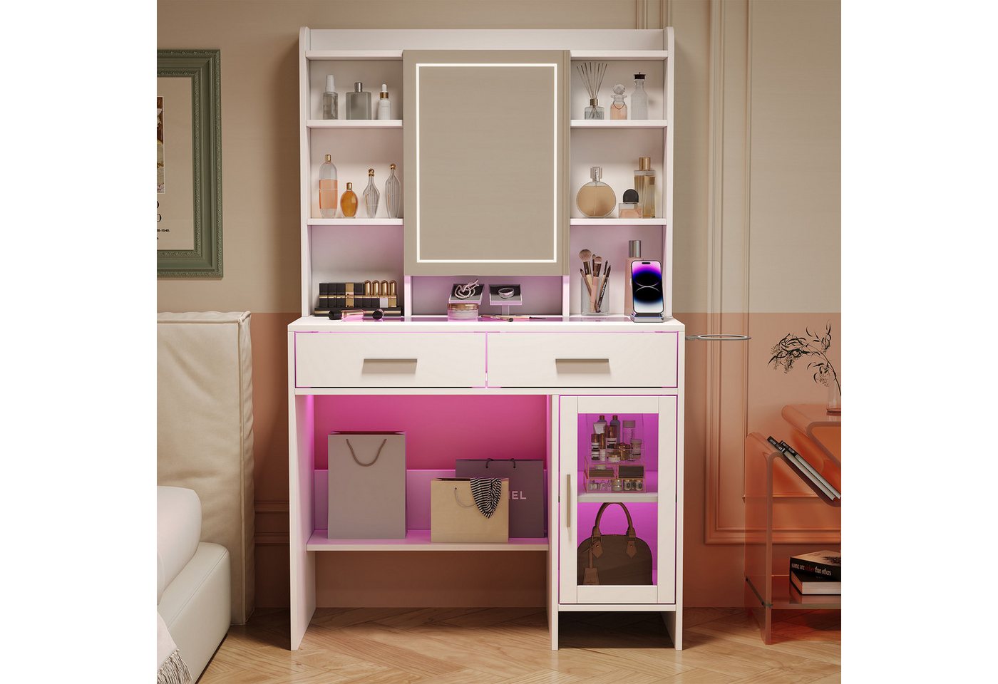 Simurq Schminktisch Schminktisch Frisiertisch Kosmetiktisch Schminktisch Weiß (1 Schminktisch, Ohne Hocker), Frisiertisch mit gehärteter Glasplatte, 87x40x150 cm(LxBxH)