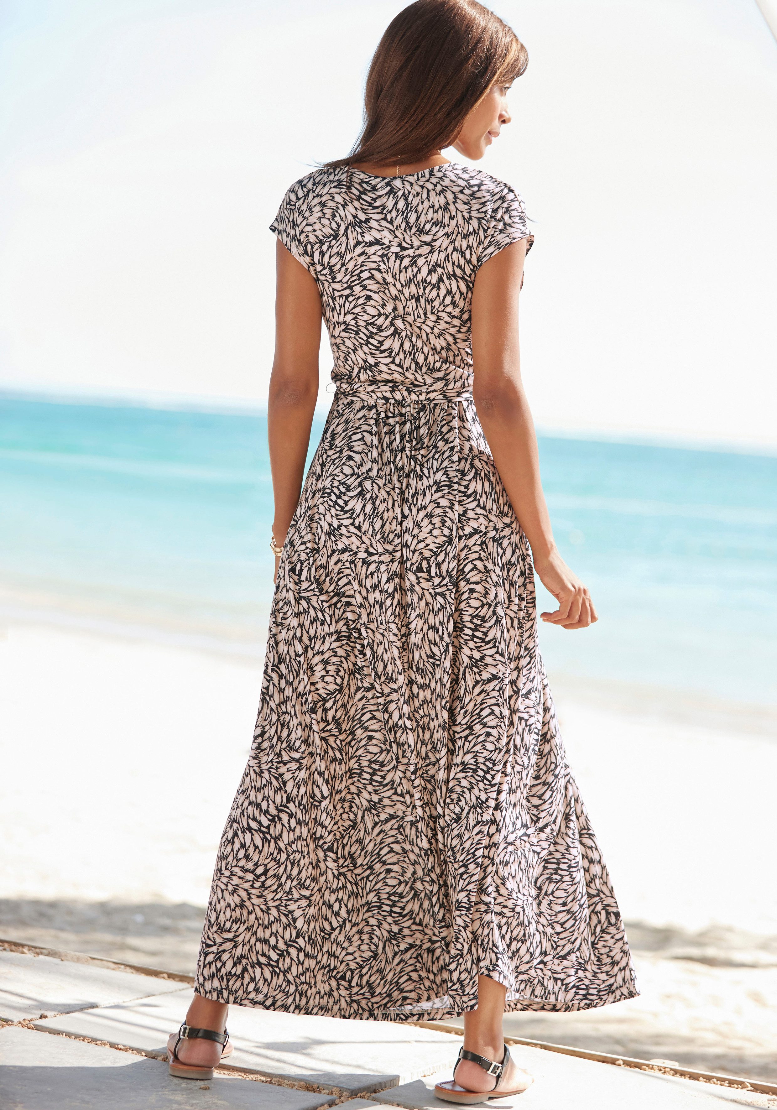Buffalo Maxikleid in Wickeloptik mit Alloverdruck (mit Bindegürtel) Jerseykleid, Sommerkleid mit Taschen, Strandkleid, Viskosekkleid