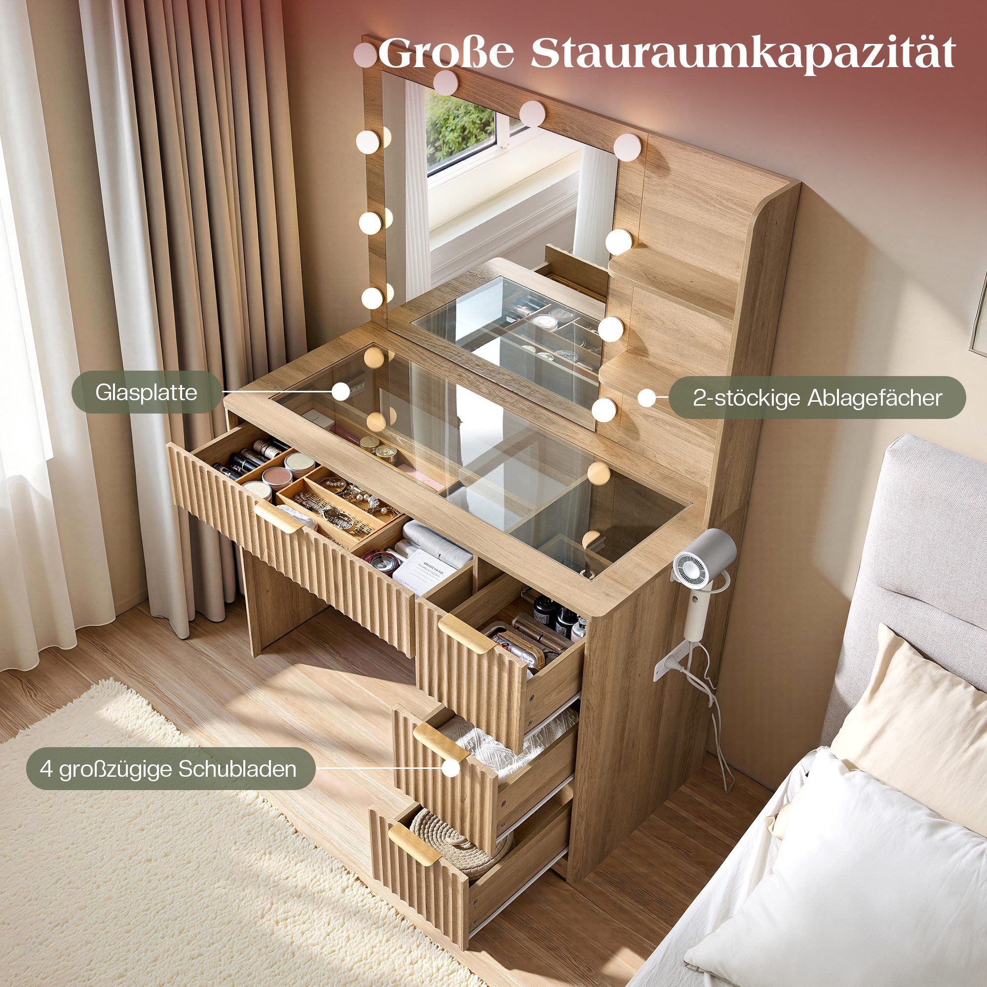 AMERLIFE Schminktisch mit LED-Beleuchtung, Glasplatte, 4 Schubladen, Holzoptik (1-St), 3 Lichtmodi, integrierte Steckdose, Föhnhalter, Rillenfront