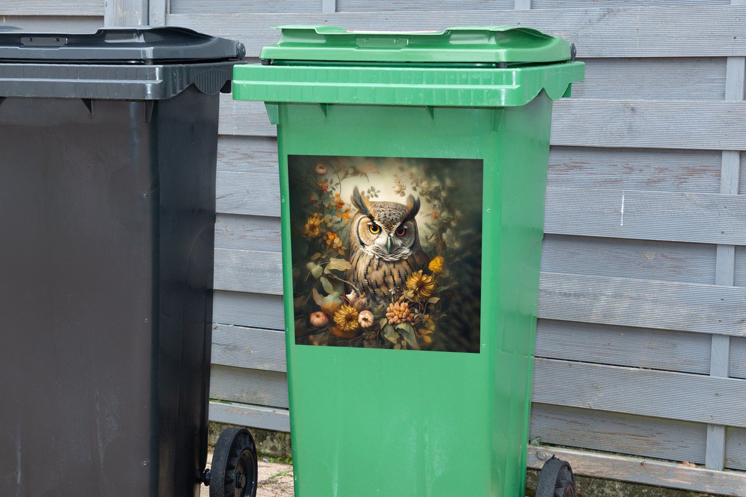 Sticker, - MuchoWow Abfalbehälter Vögel (1 Container, Natur Blumen Mülleimer-aufkleber, Mülltonne, Wandsticker Eule - St), -
