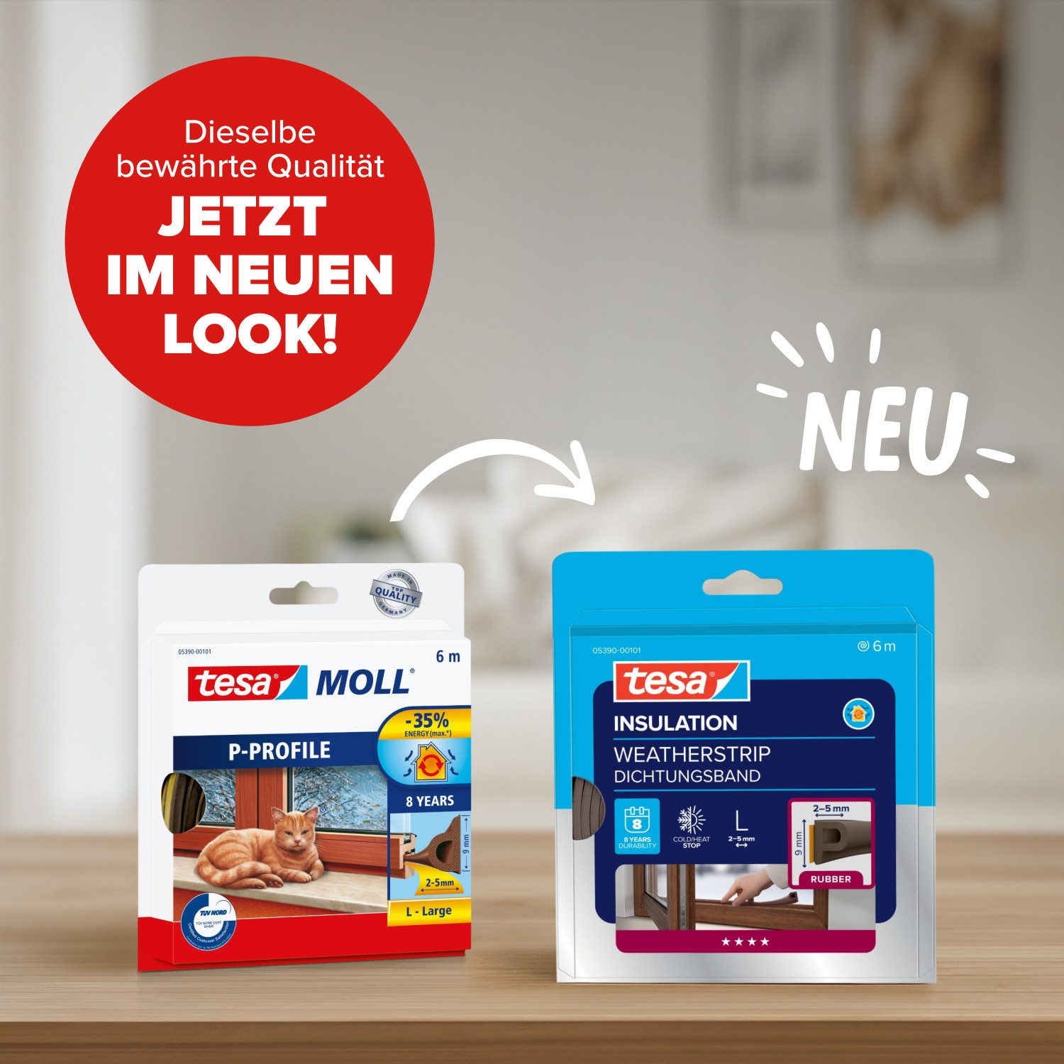 tesa Dichtband (Packung, 1-St., Gummidichtung L braun - 6 m x 9 mm x 5,5 mm) zum Isolieren von Spalten an Fenstern und Türen