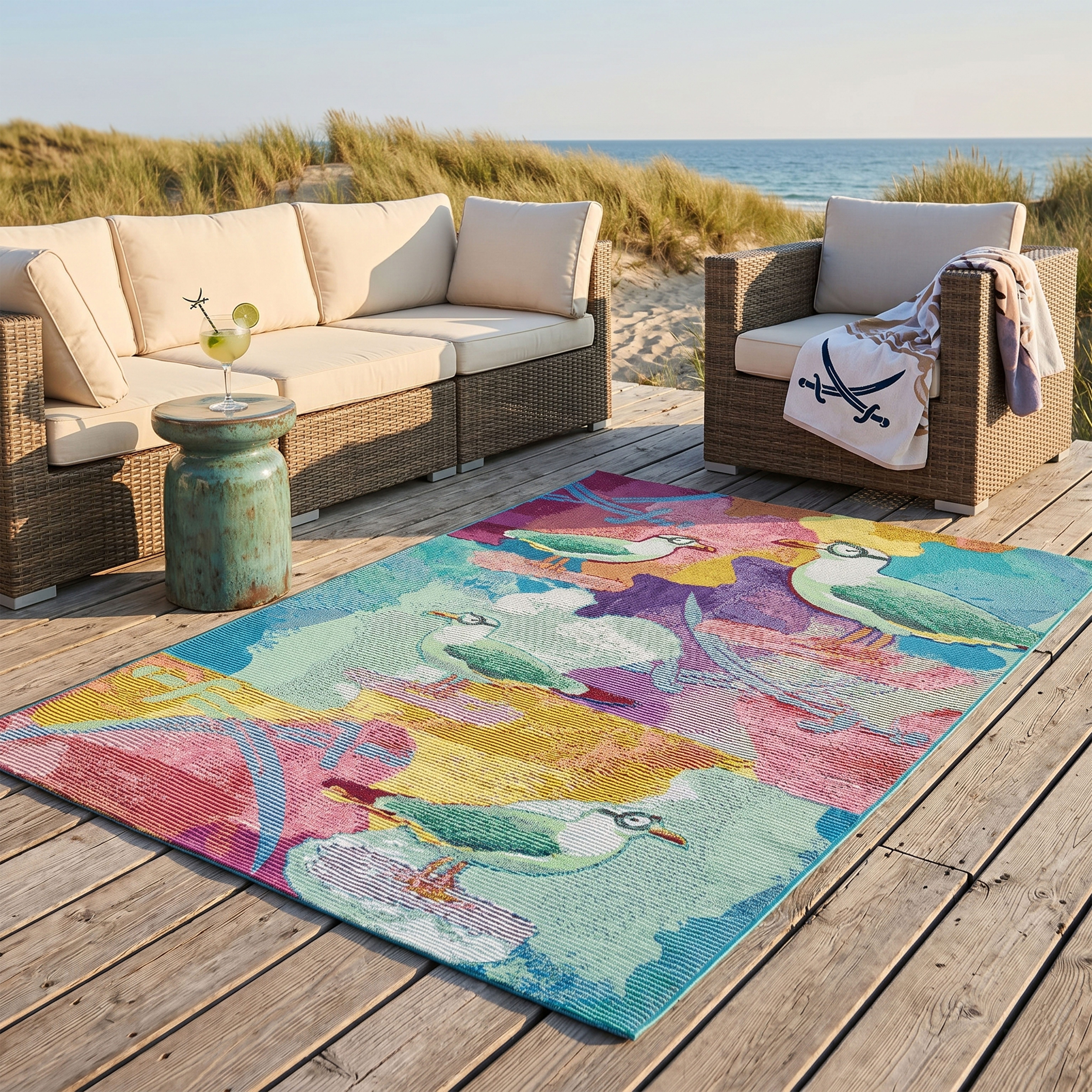 Sansibar Teppich Rantum Beach SA-022, rechteckig, Höhe: 5 mm, Flachgewebe, modernes Design, Motiv Möven, In- & Outdoor geeignet