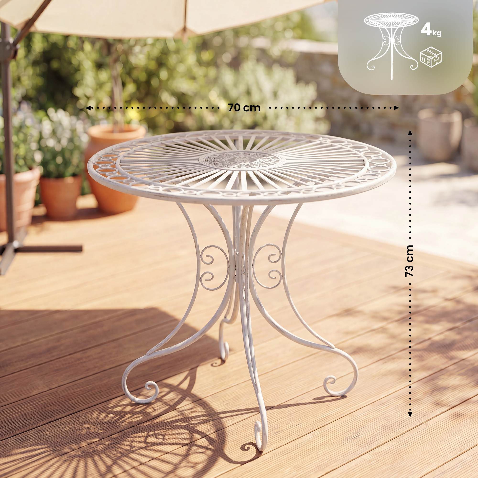 furnicato Gartentisch Hari 70 cm Weiß (1-St), Handgefertigter Outdoor-Tisch mit Patina für deinen Balkon