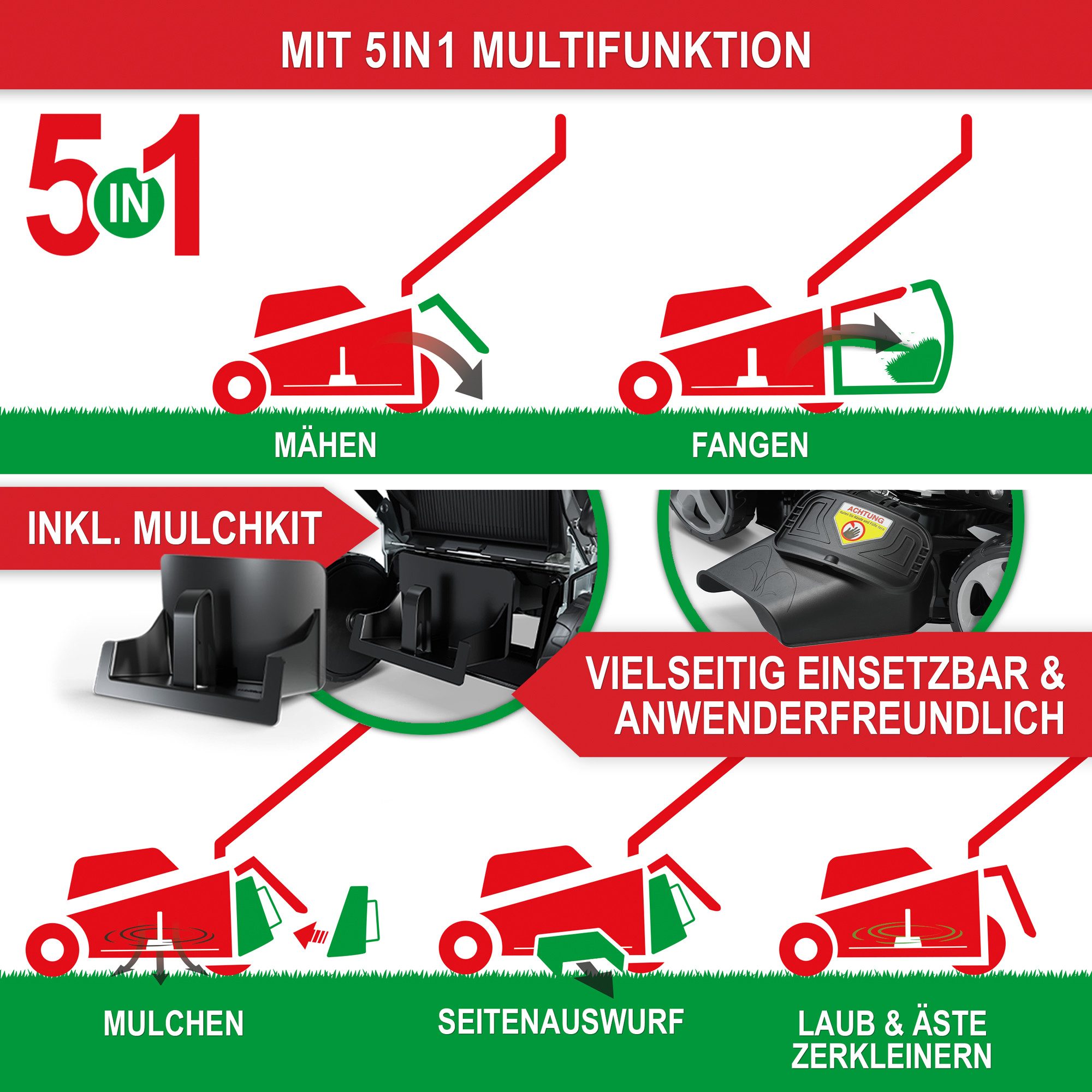 Onbest Benzinrasenmäher TXC-3646 5in1 mit Radantrieb Tornado X-Cut 4,9PS Doppelmesser, 46 cm Schnittbreite, SOGRAD-Lüfterrad, 60L Fangkorb, Mulchkit