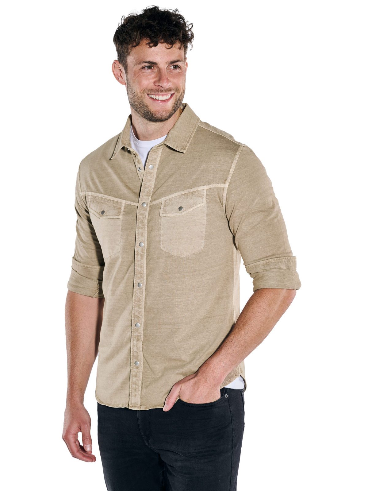 emilio adani Langarm-Poloshirt Herren Langarm-Hemd uni, Braunbeige