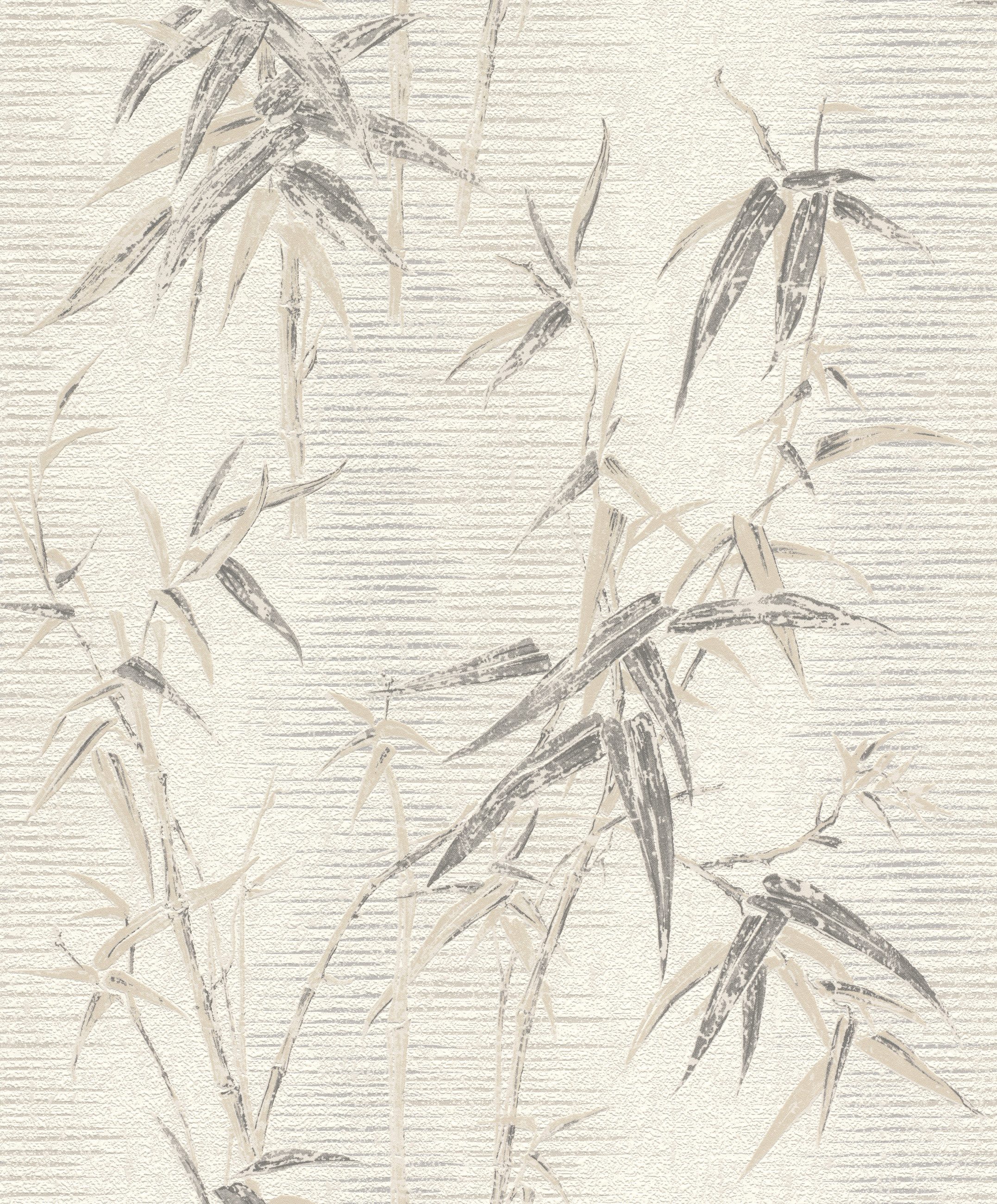 Rasch Vliestapete Bambus - Vliestapete Weiß Beige Grau, Floral, (1 Rolle, 1 St., 10,05 m x 0,53 m), gute Lichtbeständigkeit, feucht abwischbar, restlos abziehbar